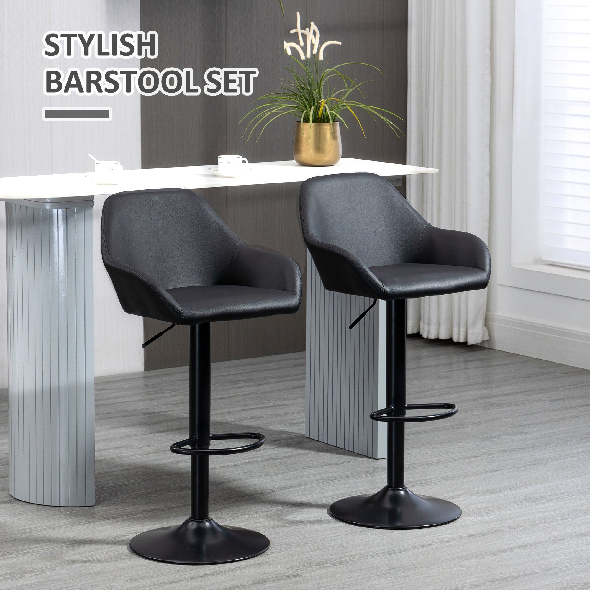 HOMCOM Adjustable Bar Stools Set of 2, Swivel Barstools with Footrest and Backrest, PU Leather and Steel Base, for Kitchen Counter and Dining Room, Black