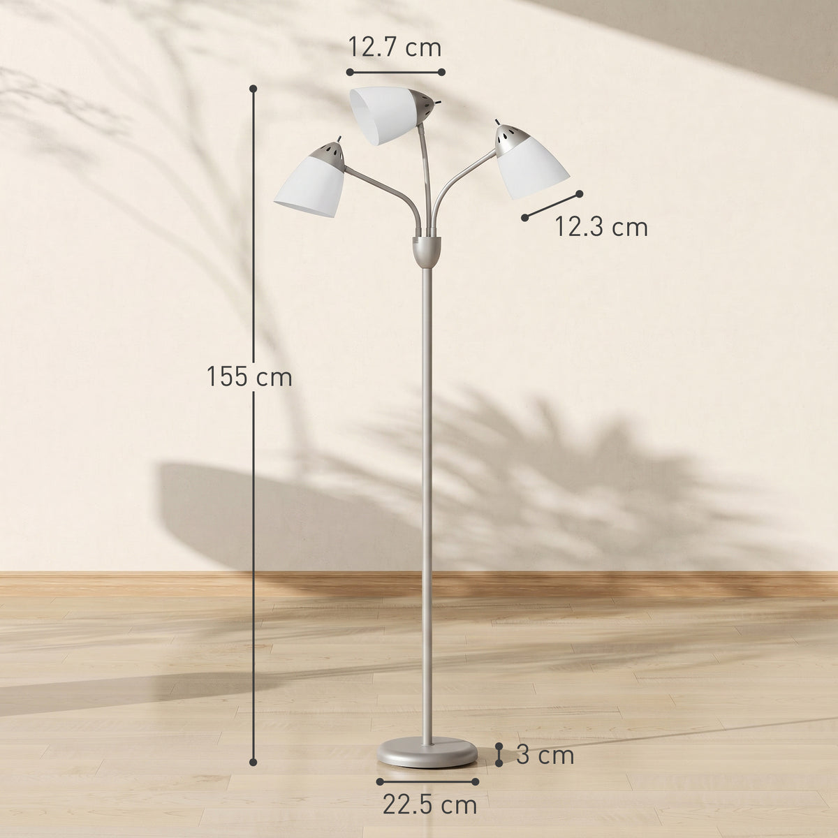 HOMCOM Arc Tree Floor Lamp with 3 Adjustable Rotating Lights and 3000K/4500K/6500K Colour Temperatures, Silver Tone