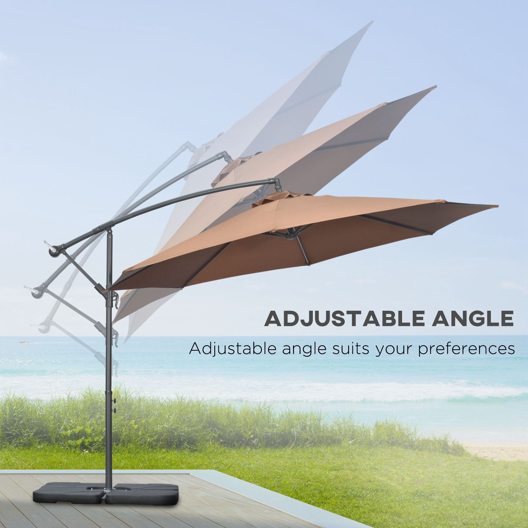 Outsunny 3(m) Garden Banana Parasol Cantilever Umbrella with Crank Handle, Cross Base, Weights and Cover for Outdoor, Hanging Sun Shade, Coffee - North Peak Garden Furniture