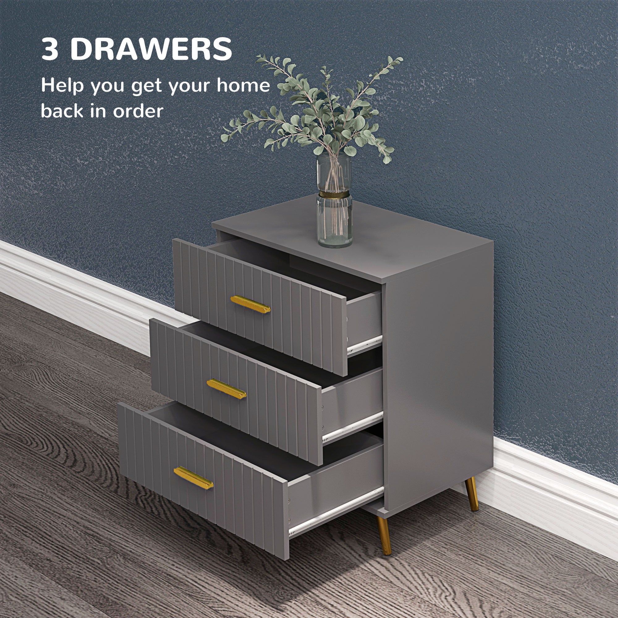 HOMCOM Three Drawer Embossed Line Dresser - Grey/Gold Tone - North Peak Garden Furniture