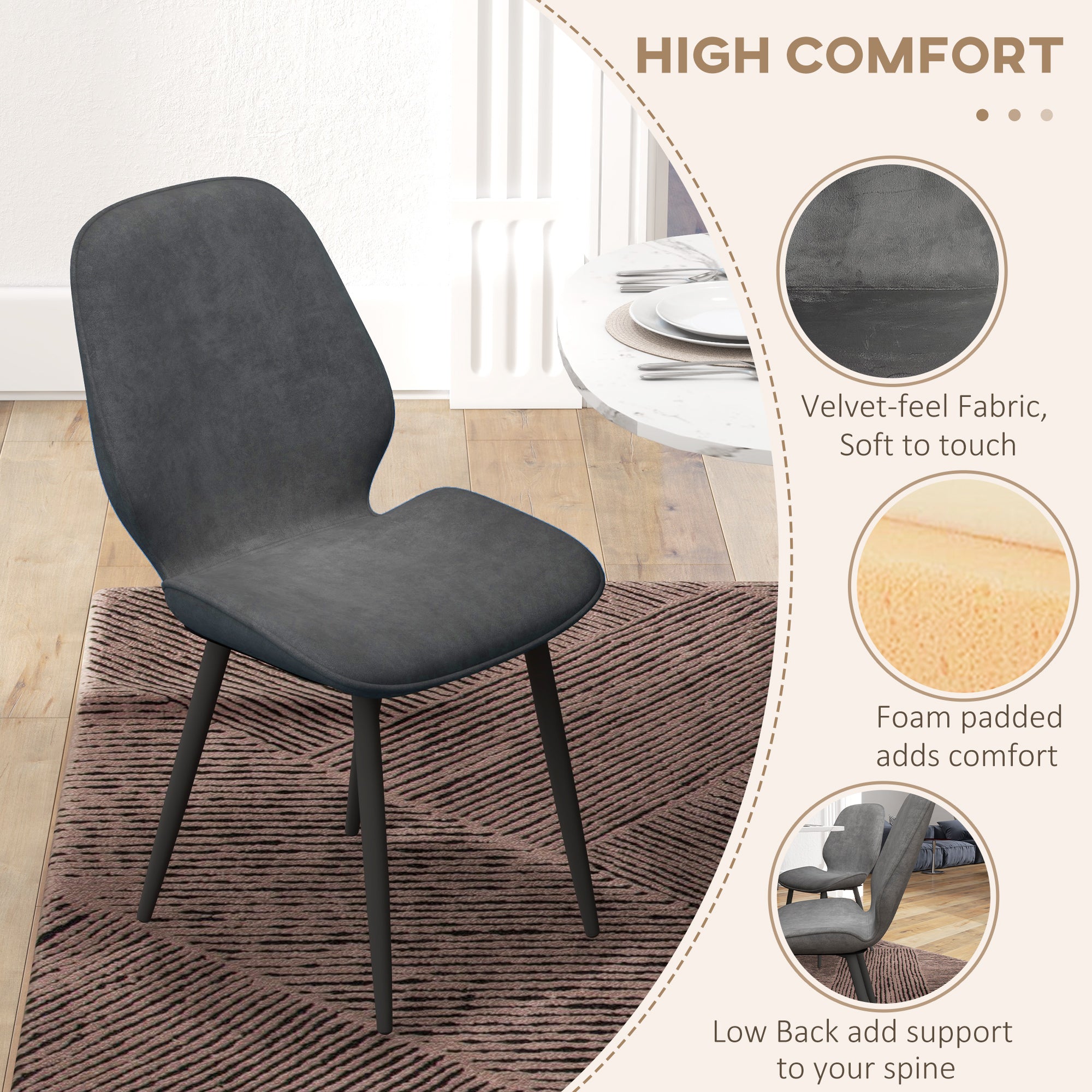 HOMCOM Velvet Dining Chairs, Set of 2 Dining Room Chairs with Metal Legs for Living Room, Dining Room, Grey - North Peak Garden Furniture