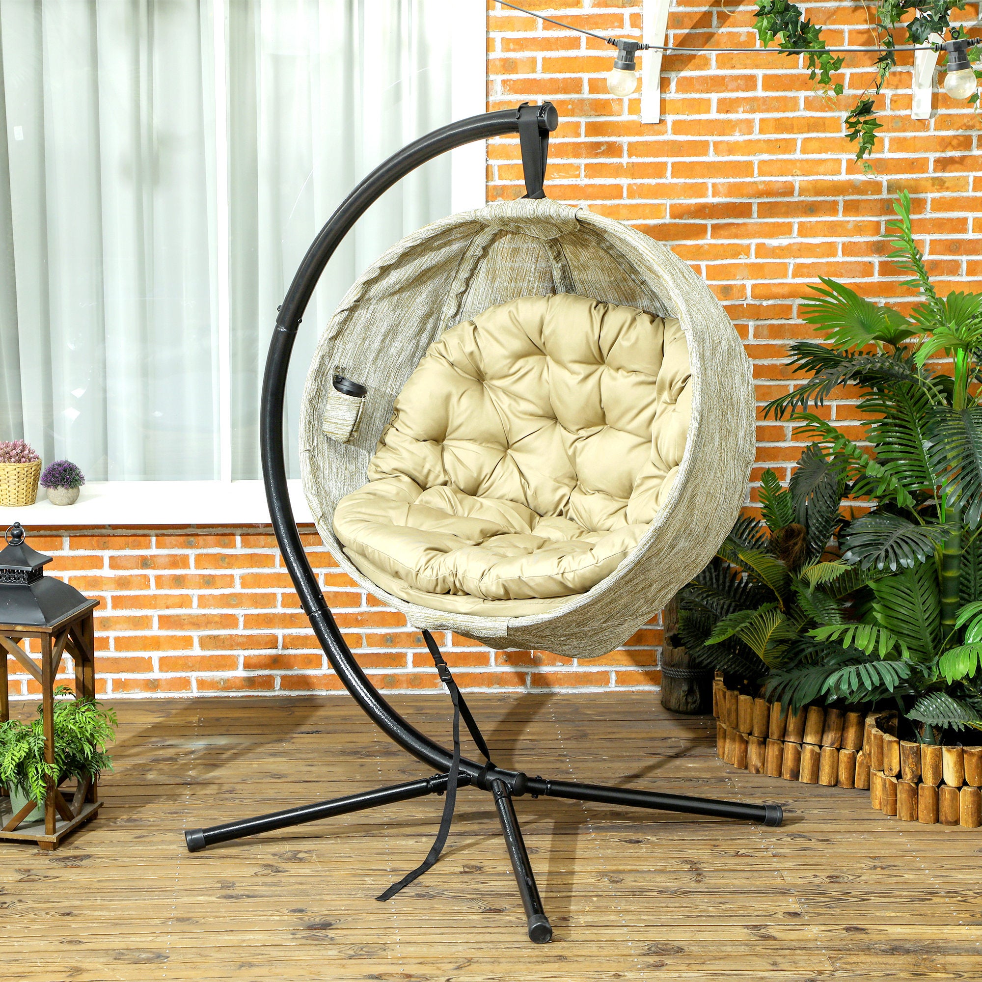 Outsunny Hanging Egg Chair Outdoor Indoor Garden Swing Chair with Folding Basket, Garden Hanging Chair with Stand, Thickened Cushion, Cup Holder for Patio, Balcony, Khaki - North Peak Garden Furniture