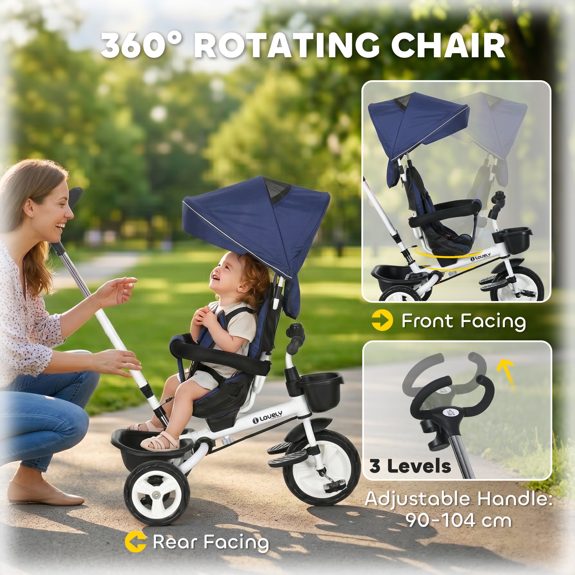 HOMCOM Metal Frame 6 in 1 Baby Push Tricycle with Parent Handle for 1-5 Years Old, Dark Blue