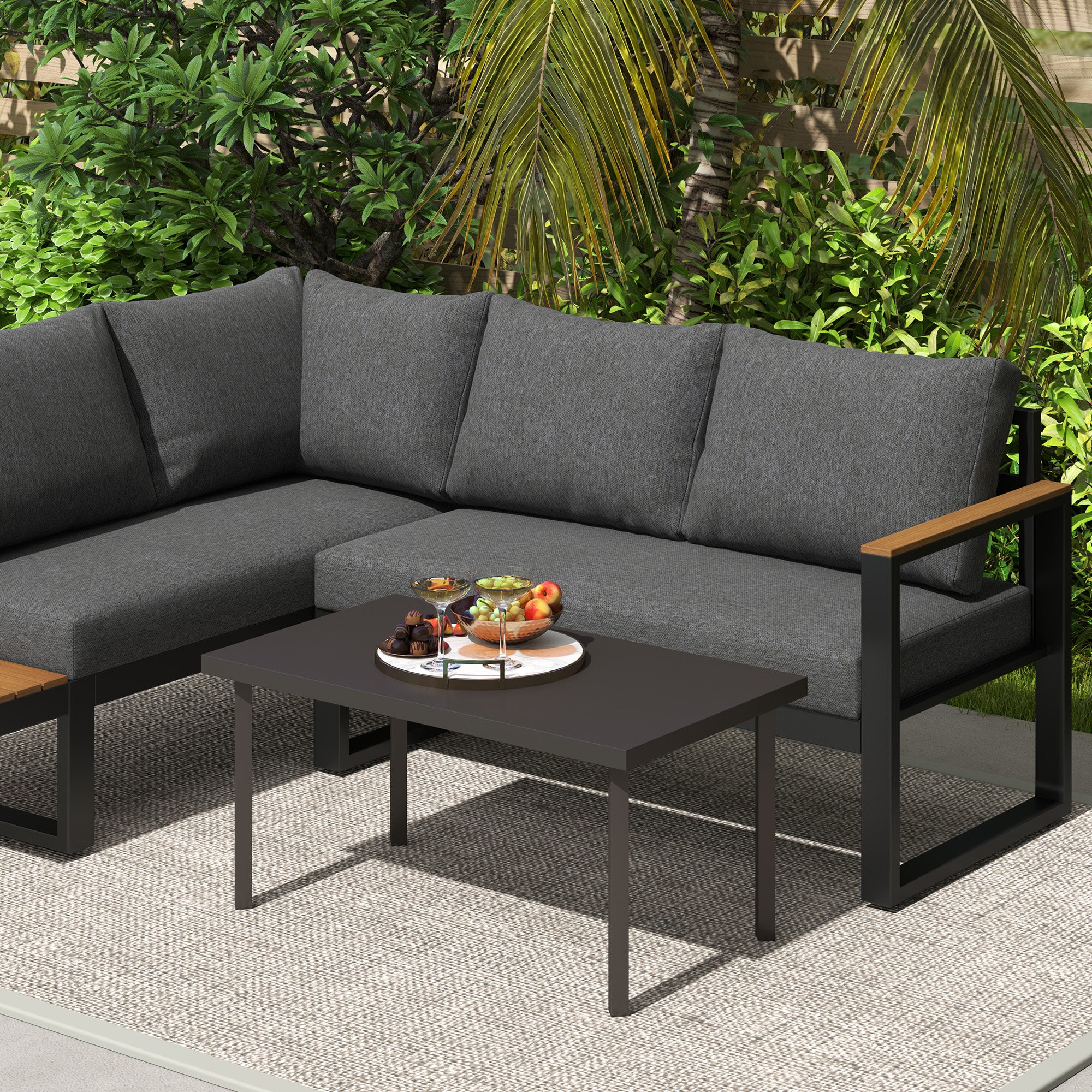 Outsunny Metal Garden Coffee Table, Rectangular Outdoor Side Table with Woodgrain Tabletop, Foot Pads for Outside, Garden, Balcony, Porch, 95 x 55 x 46cm, Brown - North Peak Garden Furniture