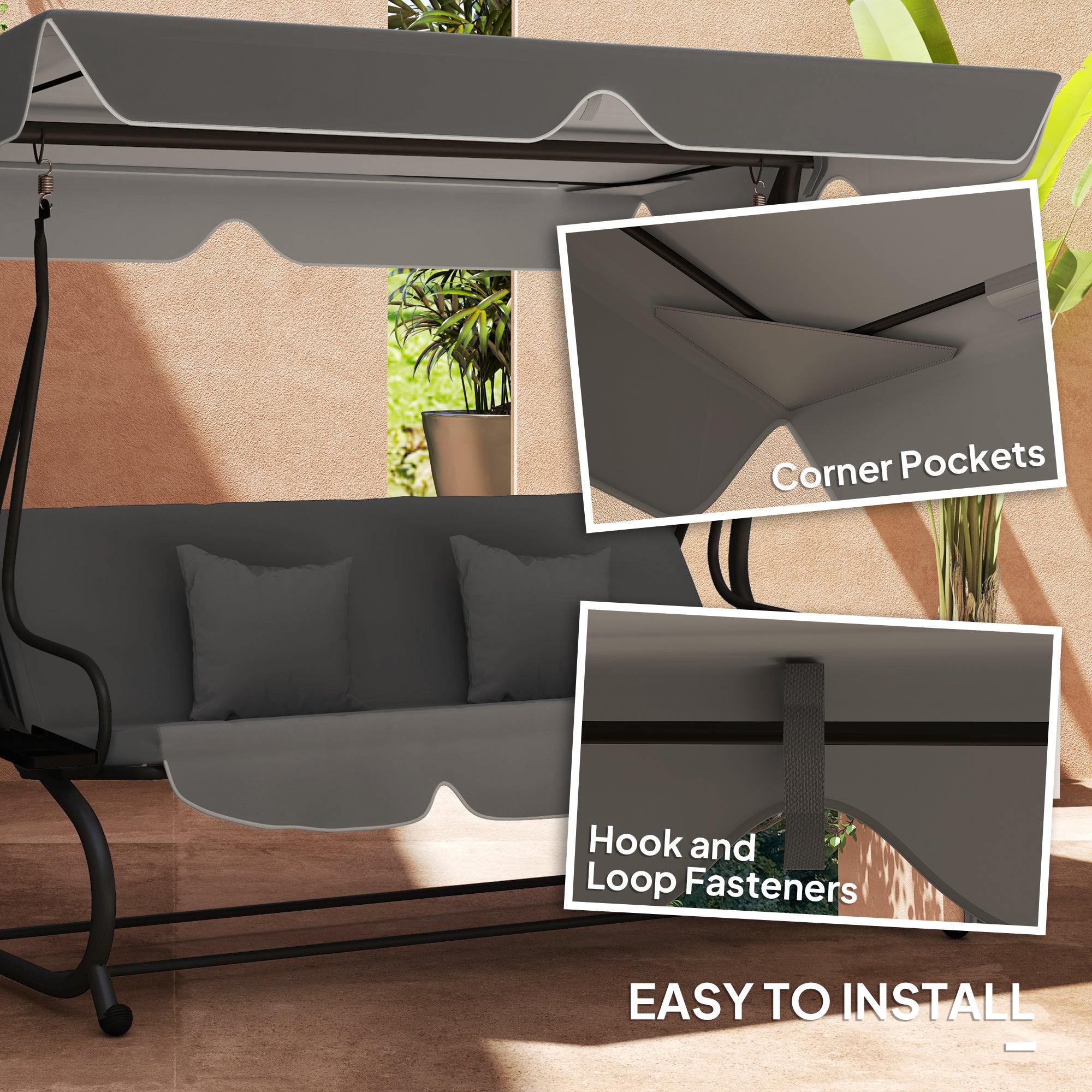 Outsunny Garden Swing Canopy Replacement 3 Seater, Waterproof Garden Swing Seat Canopy Cover, Windproof Anti-UV Sun Shade (Canopy Only) for Patio, Balcony, Dark Grey - North Peak Garden Furniture