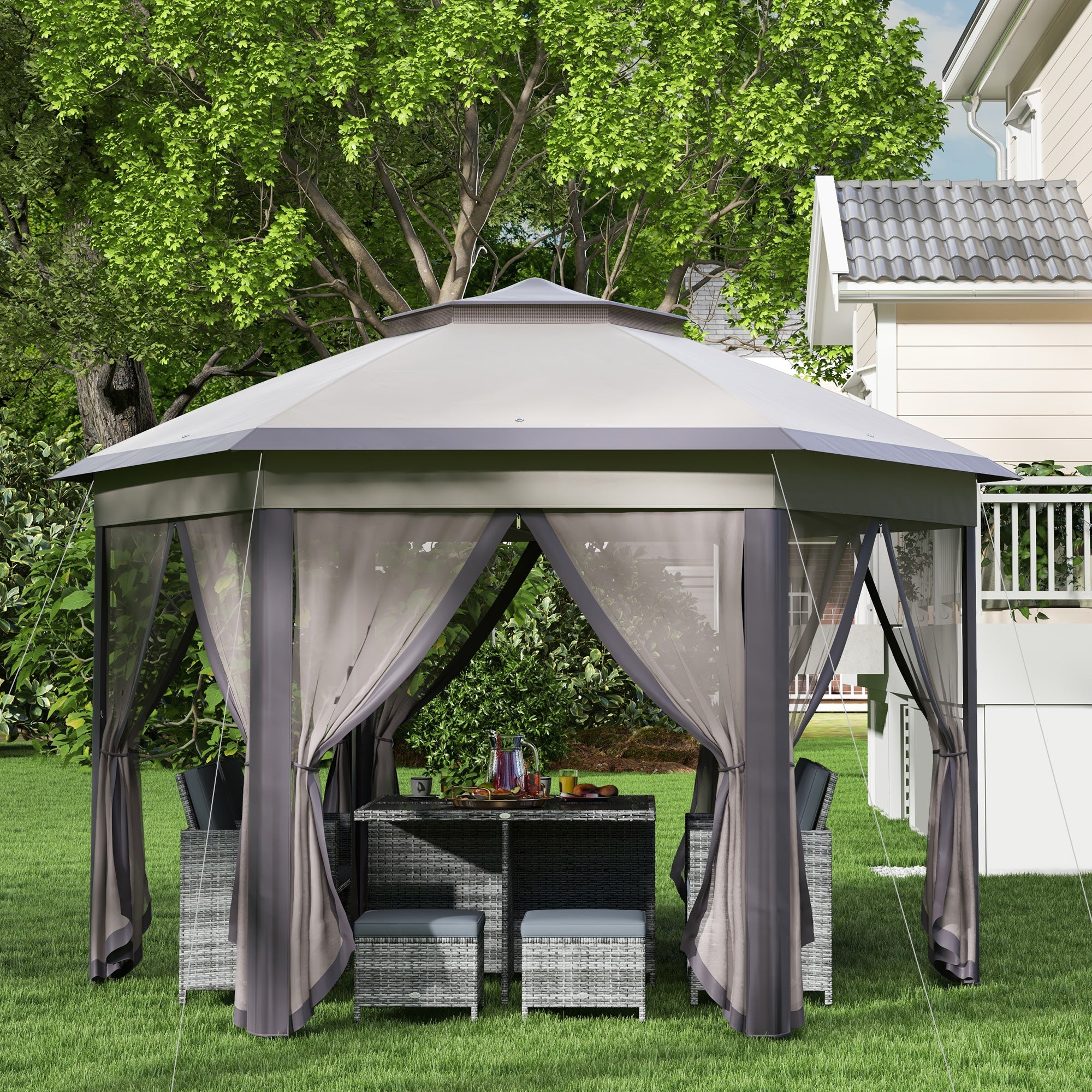 Outsunny Hexagon Garden Gazebo Pop Up Gazebo Outdoor Patio Double Roof Instant Shelter with Netting, 3 x 4m, Beige - North Peak Garden Furniture