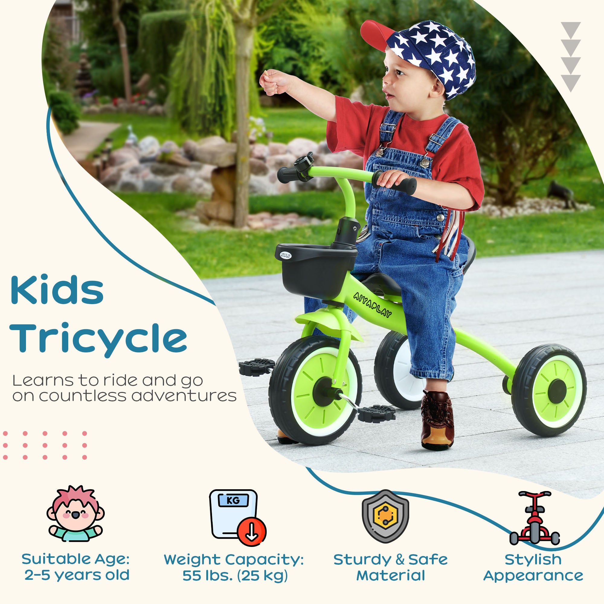AIYAPLAY Kids Trike, Tricycle, with Adjustable Seat, Basket, Bell, for Ages 2-5 Years - Green - North Peak Garden Furniture