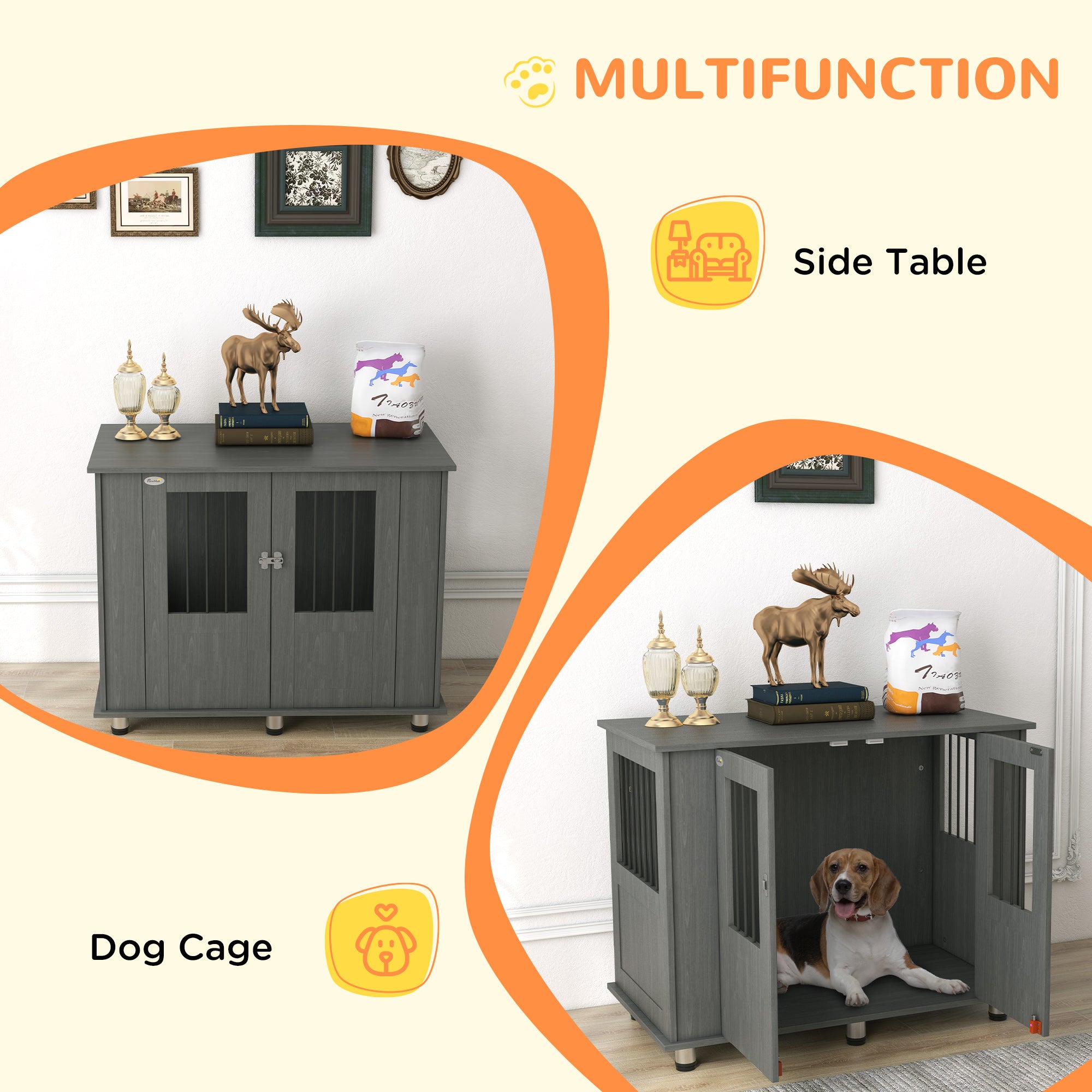 PawHut Dog Crate Table for Medium and Large Dogs with Magnetic Door for Indoor Use, 95 x 55 x 75 cm, Grey - North Peak Garden Furniture