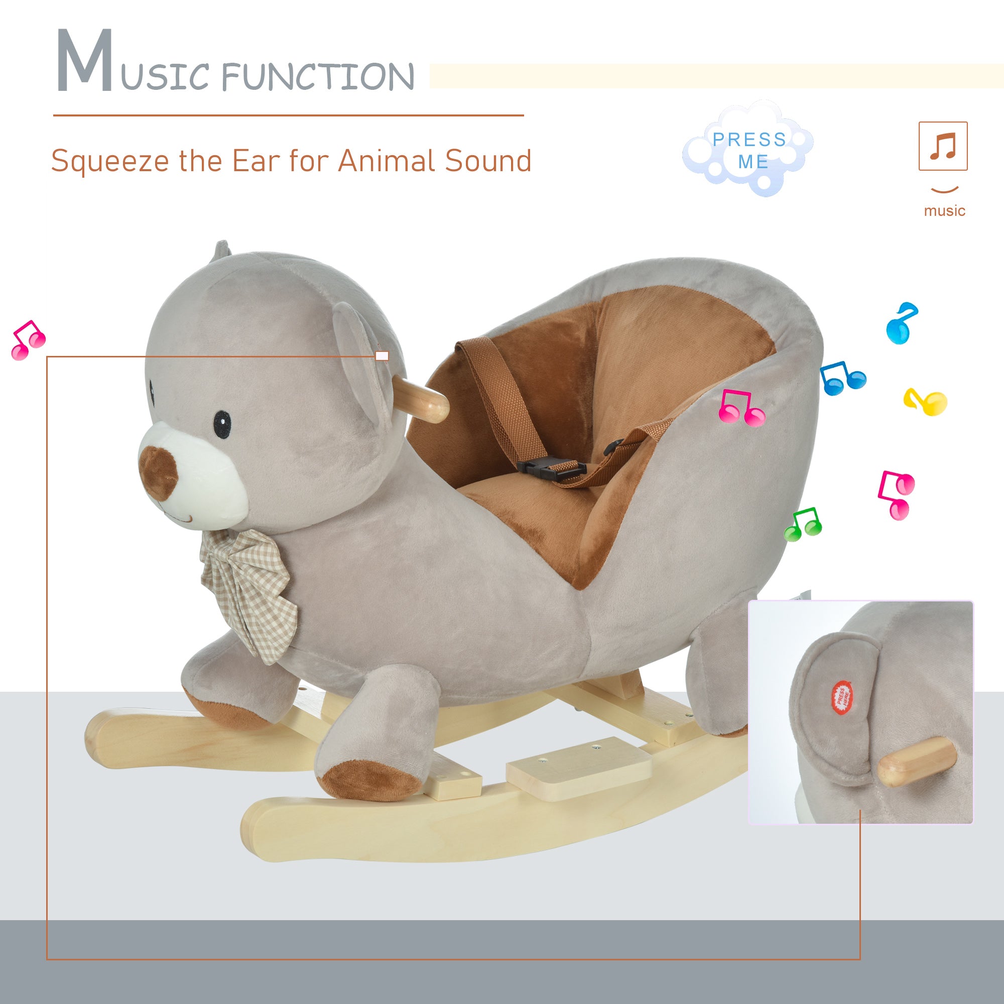 HOMCOM Kids Children Rocking Horse Plush Ride On Bear Seat w/ Sound Wood Base Seat Safety Belt Toddler Baby Toy for 18-36 Months Grey - North Peak Garden Furniture