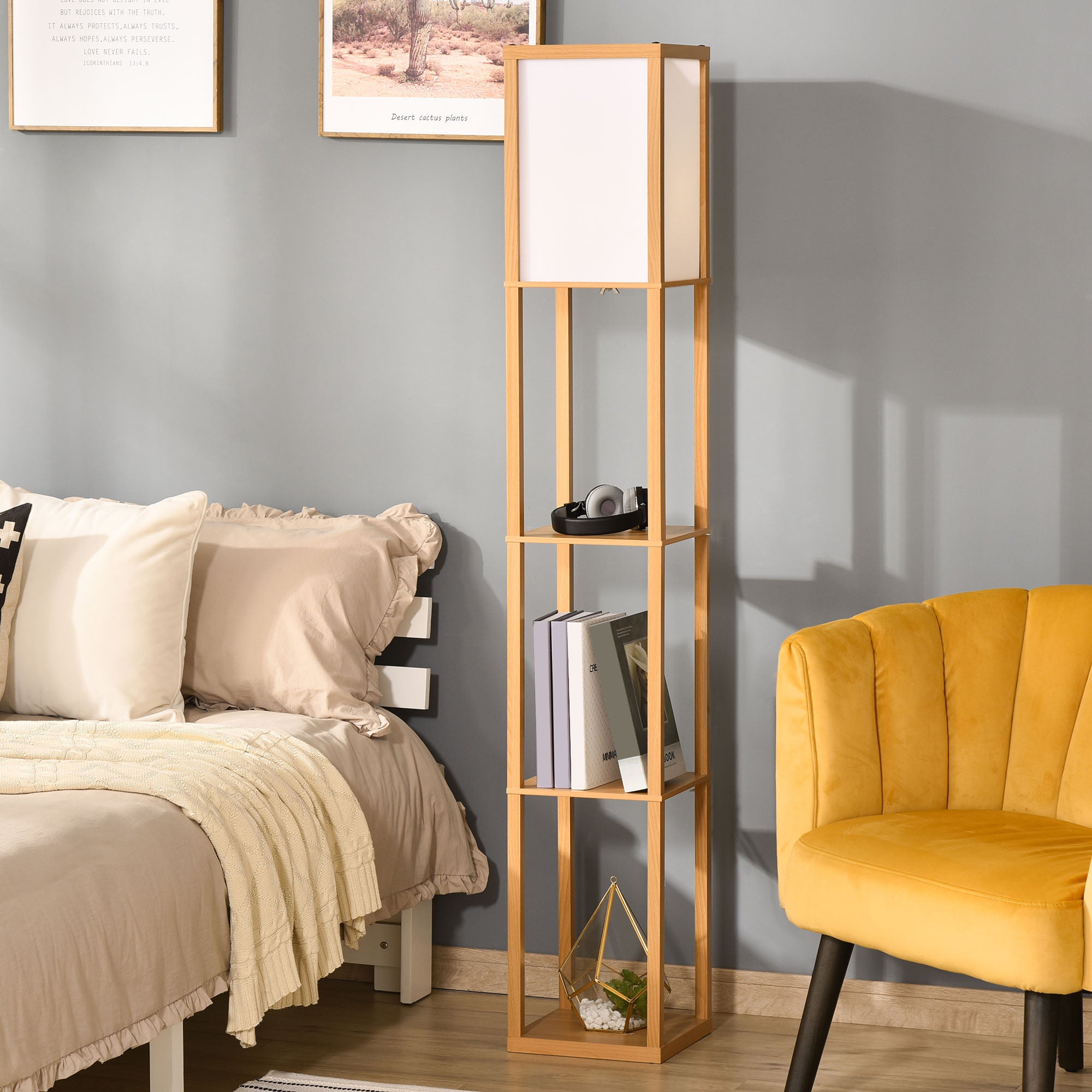 HOMCOM 3-Tier Floor Lamp, Floor Light with Storage Shelf, Reading Standing Lamp for Living Room, Bedroom, Kitchen, Dining Room, Office, Dorm, 160cm, Natural - North Peak Garden Furniture