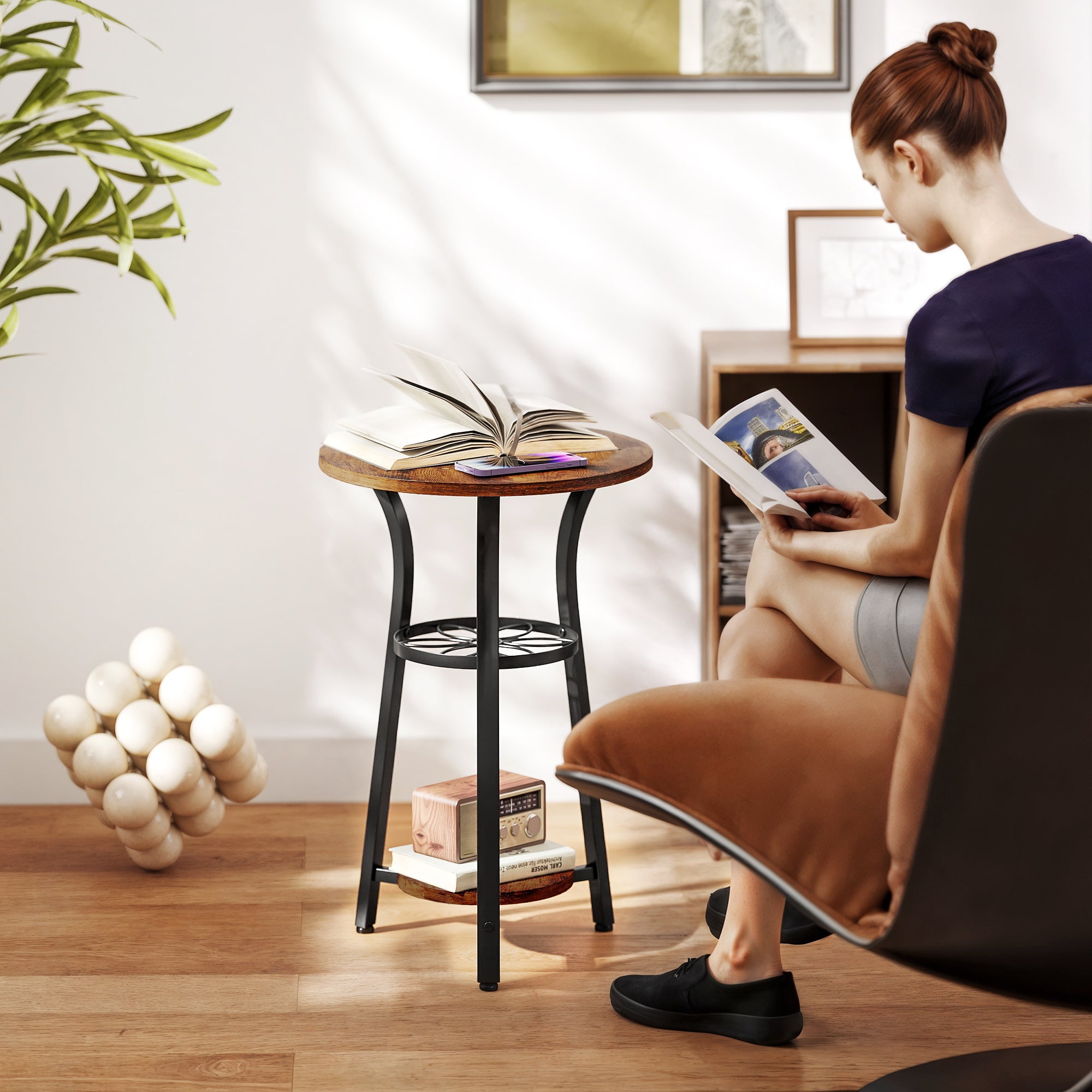 HOMCOM Small Round Side Table with 3 Storage Shelves - Rustic Brown - North Peak Garden Furniture