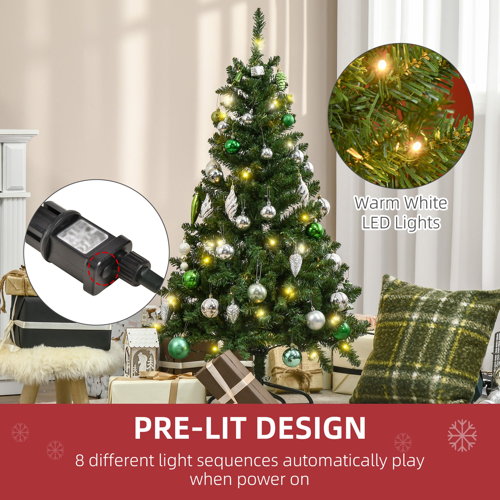HOMCOM 4FT Christmas Tree Warm White LED Light Holiday Home Decoration, Green - North Peak Garden Furniture
