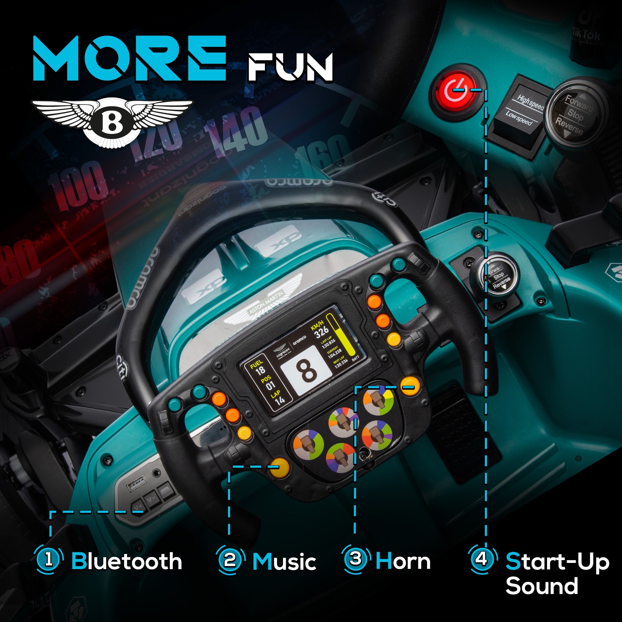 AIYAPLAY Aston Martin Licensed 12V Kids Ride on Racing Kart w/ Bluetooth, 4 Suspension Wheels, Music Lights Horn, Green - North Peak Garden Furniture