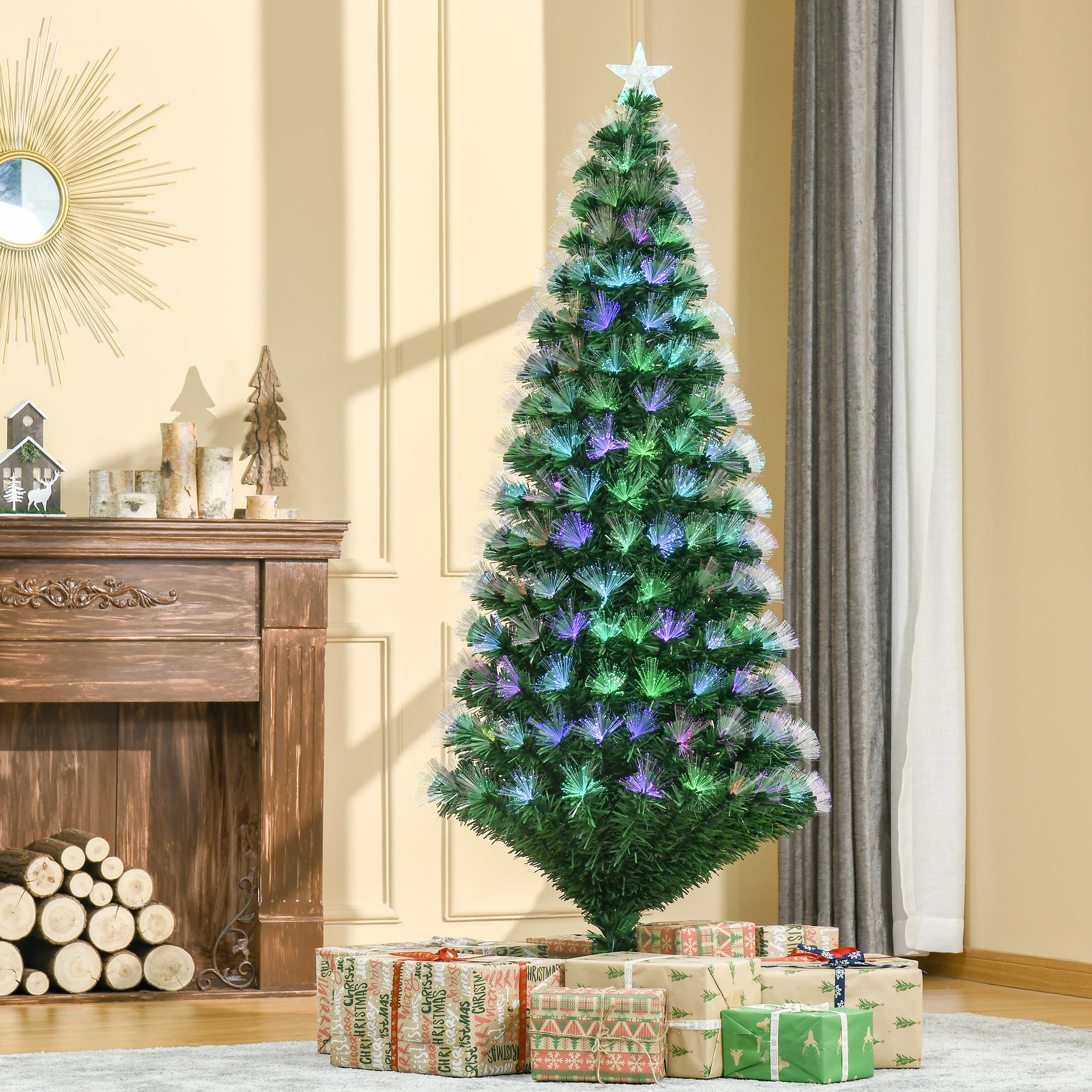 HOMCOM 6FT Multicoloured Artificial Christmas Tree w/ Fibre Optic Lights Pre-Lit Modes Metal Stand Star Holder Home Seasonal Decoration - North Peak Garden Furniture