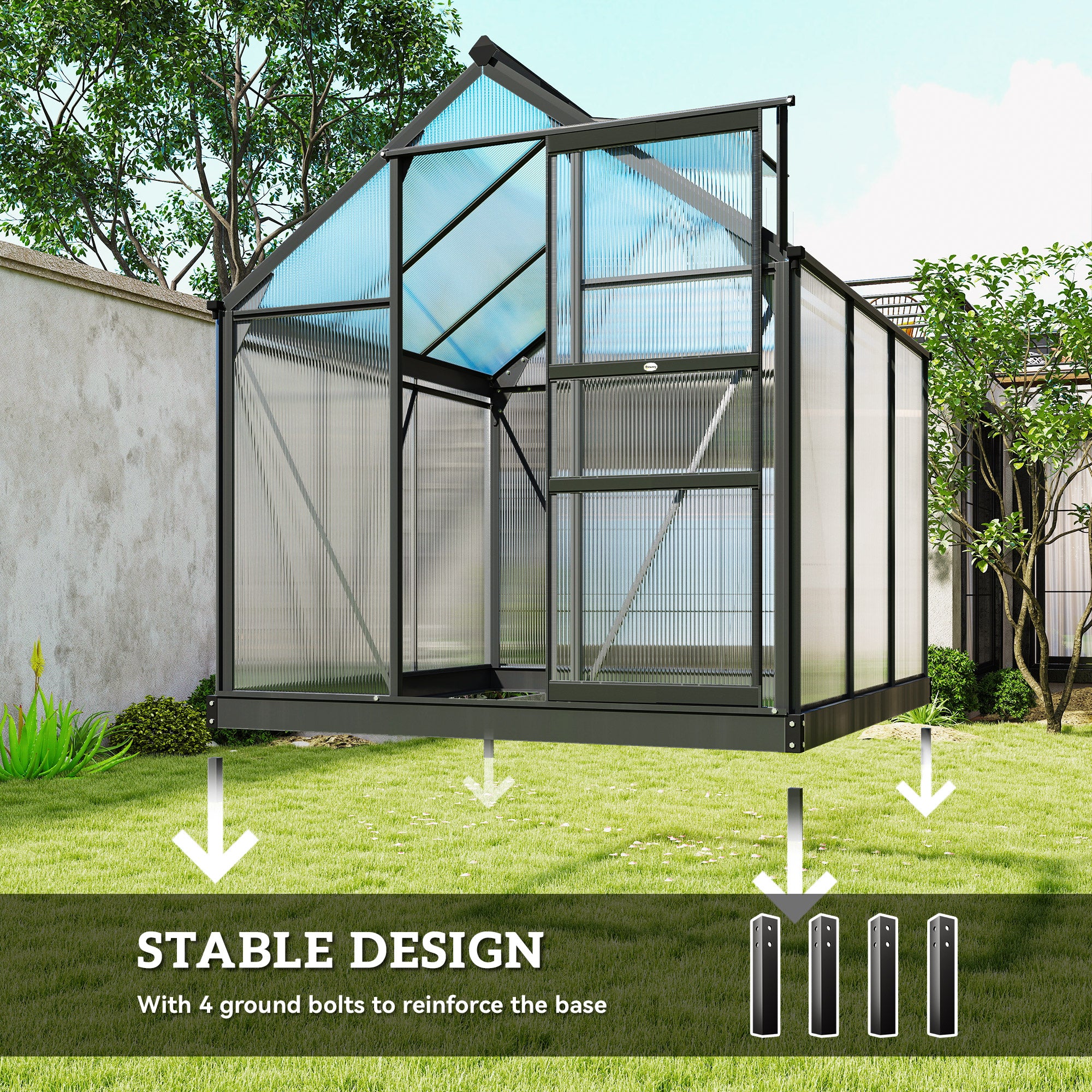 Outsunny 6 x 6ft Polycarbonate Greenhouse, Large Walk-In Green House with Slide Door and Window, Garden Plants Grow House with Aluminium Frame and Foundation, Grey
