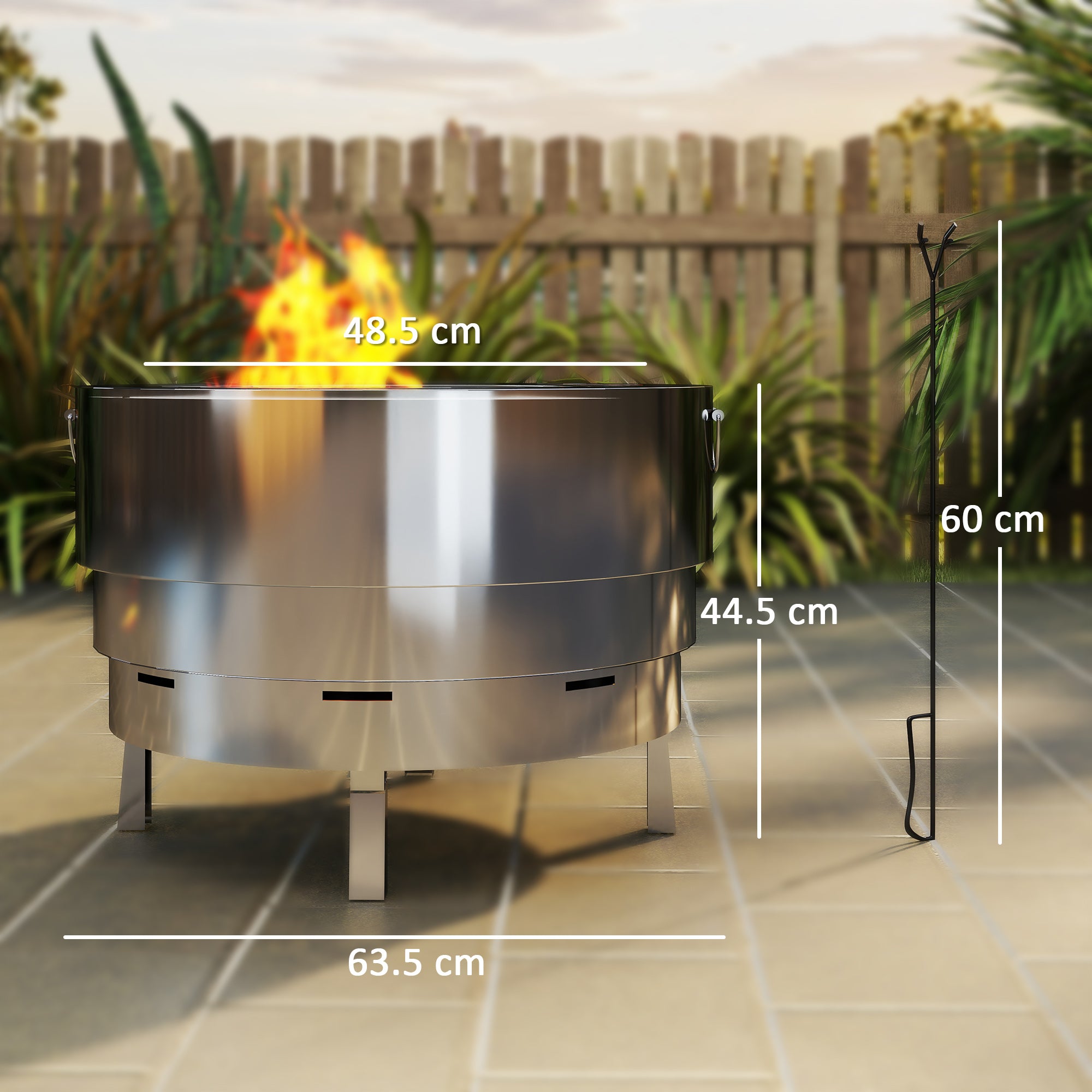 Outsunny Stainless Steel Wood-burning Fire Pit with Fire Poker - Silver - North Peak Garden Furniture
