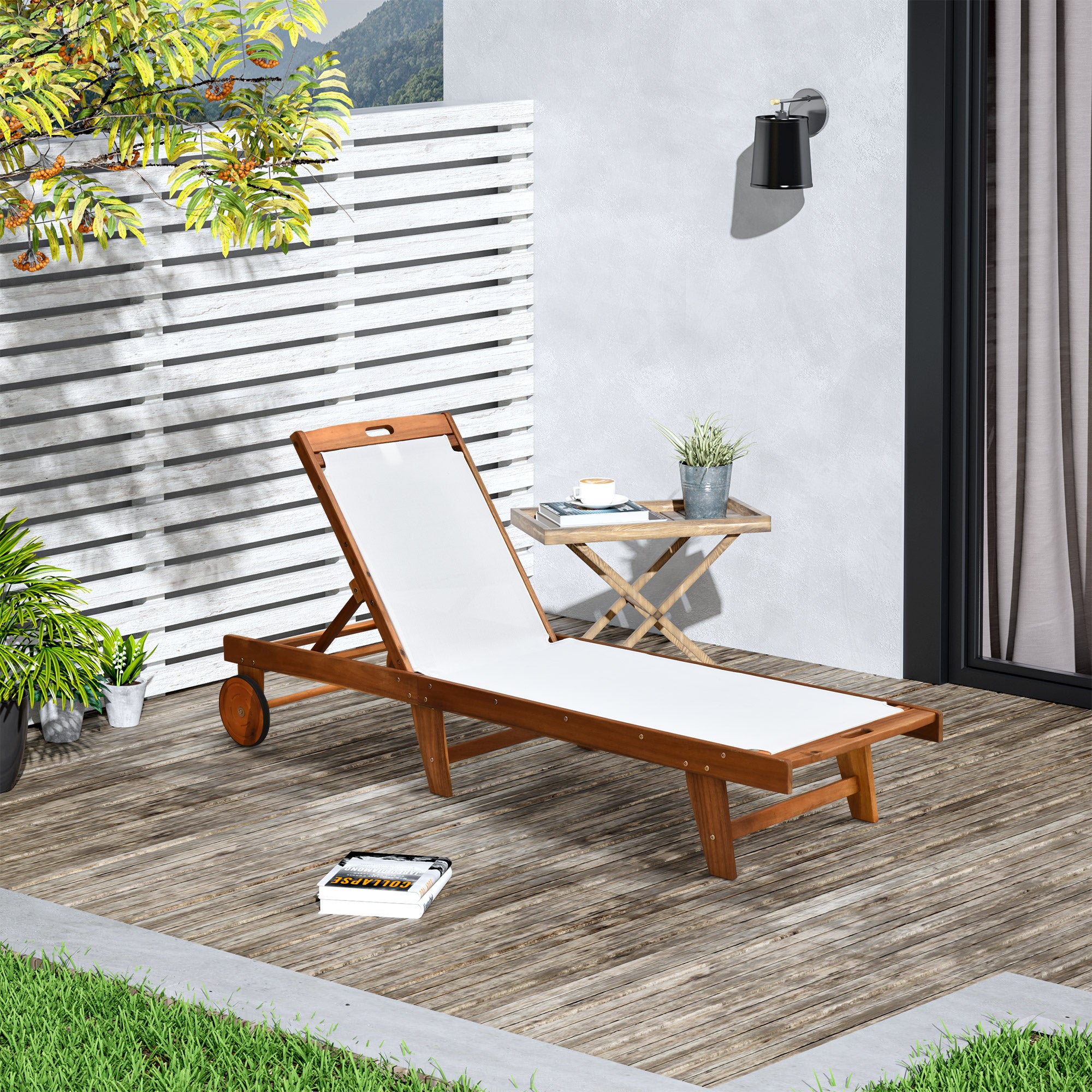 Outsunny Outdoor Acacia Wood Texteline Beach Sun Lounger Garden Patio Sunbed Recliner Chaise Adjustable Backrest with Wheels - North Peak Garden Furniture
