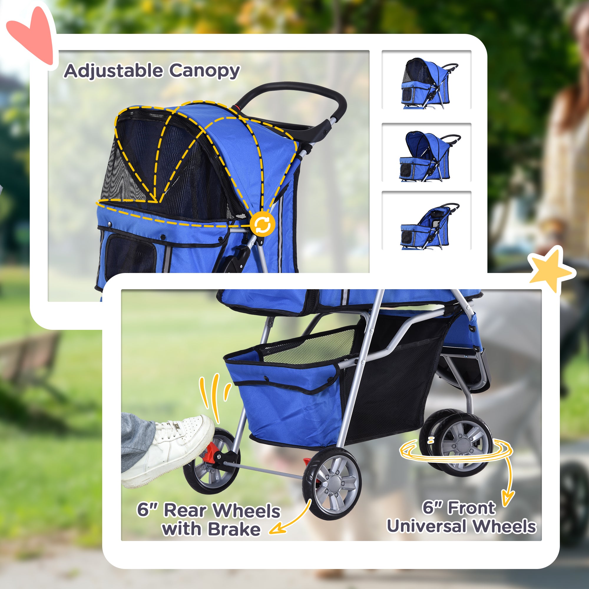 PawHut Pet Stroller for Dogs, Three-Wheel Dog Pushchair, Travel Pram with Storage Basket, Blue