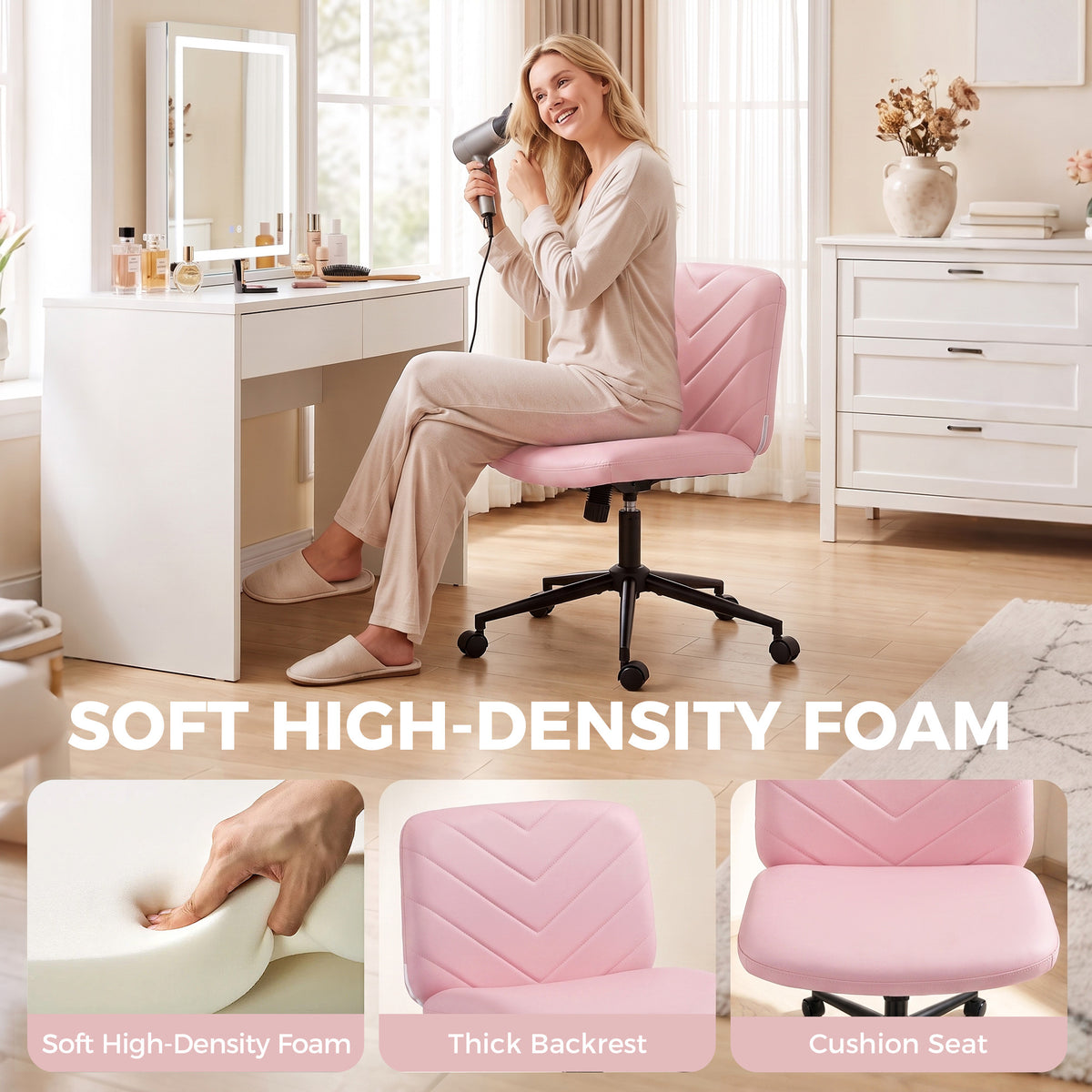 HOMCOM Home Office Desk Chair Height Adjustable Swivel Chair Cross Legged Wide Seat Swivel Wheels Pink