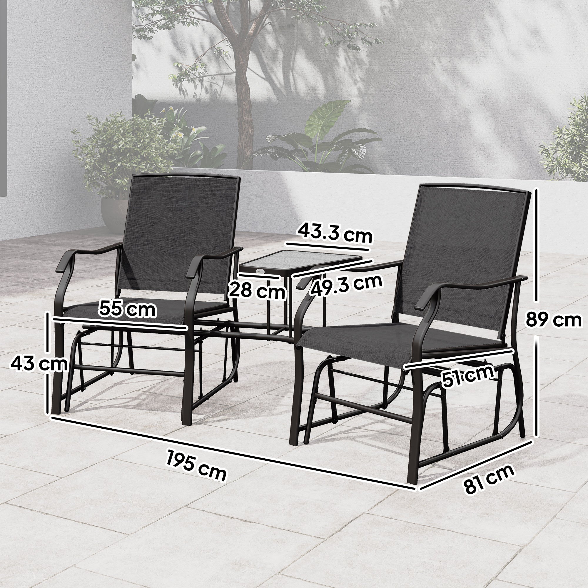 Outsunny Gliding Jack and Jill Seat, with Glass-Top Table - Black