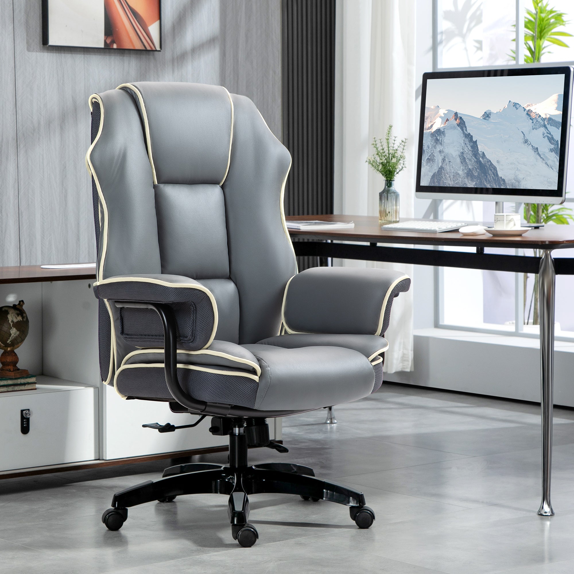 Vinsetto High Back Office Chair, PU Leather Desk Chair, Reclining Swivel Computer Chair for Home, Grey - North Peak Garden Furniture