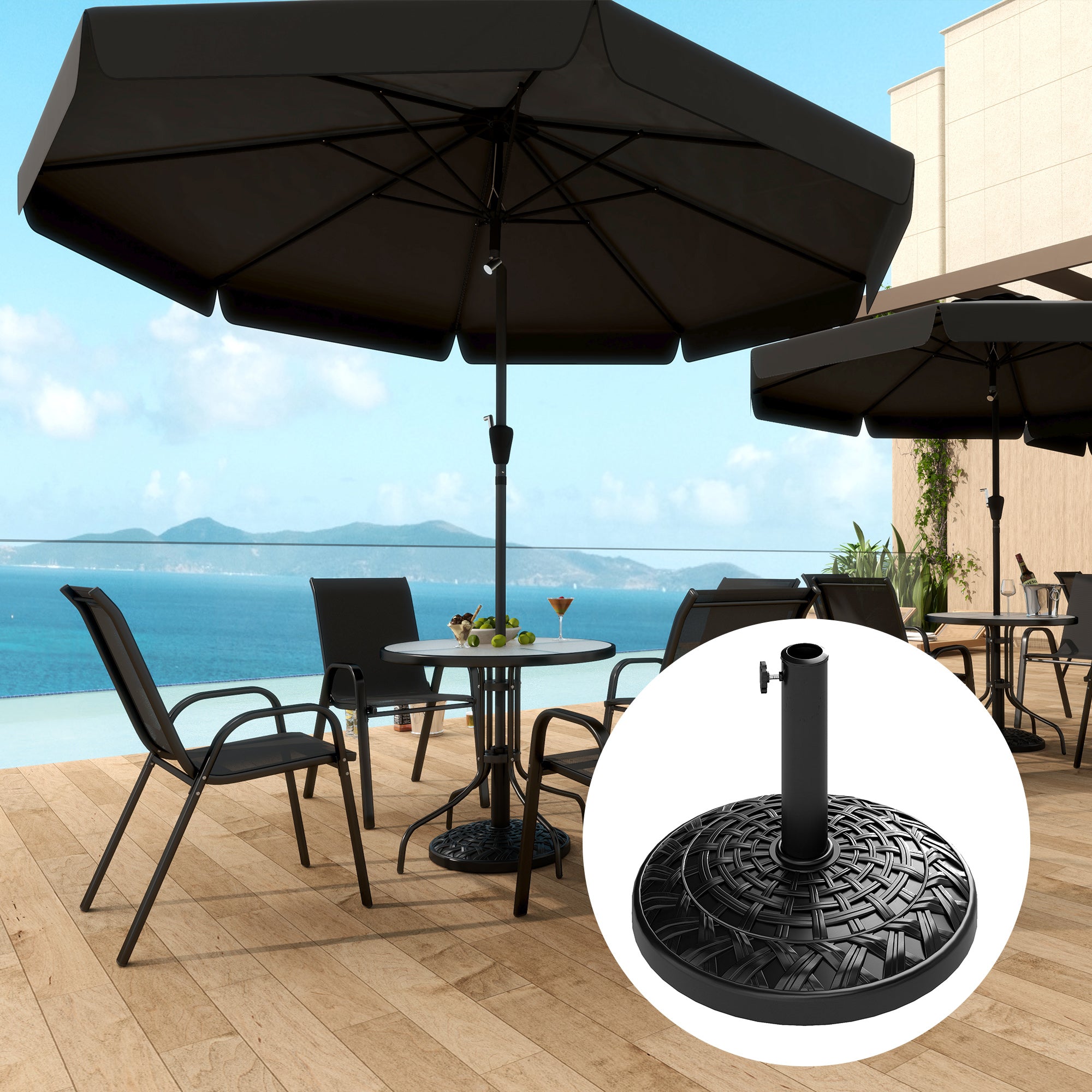 Outsunny 12kg Garden Parasol Base, Round Resin Garden Umbrella Base, Heavy Duty Parasol Stand for 38mm or 48mm Outdoor Umbrella Poles, Black - North Peak Garden Furniture
