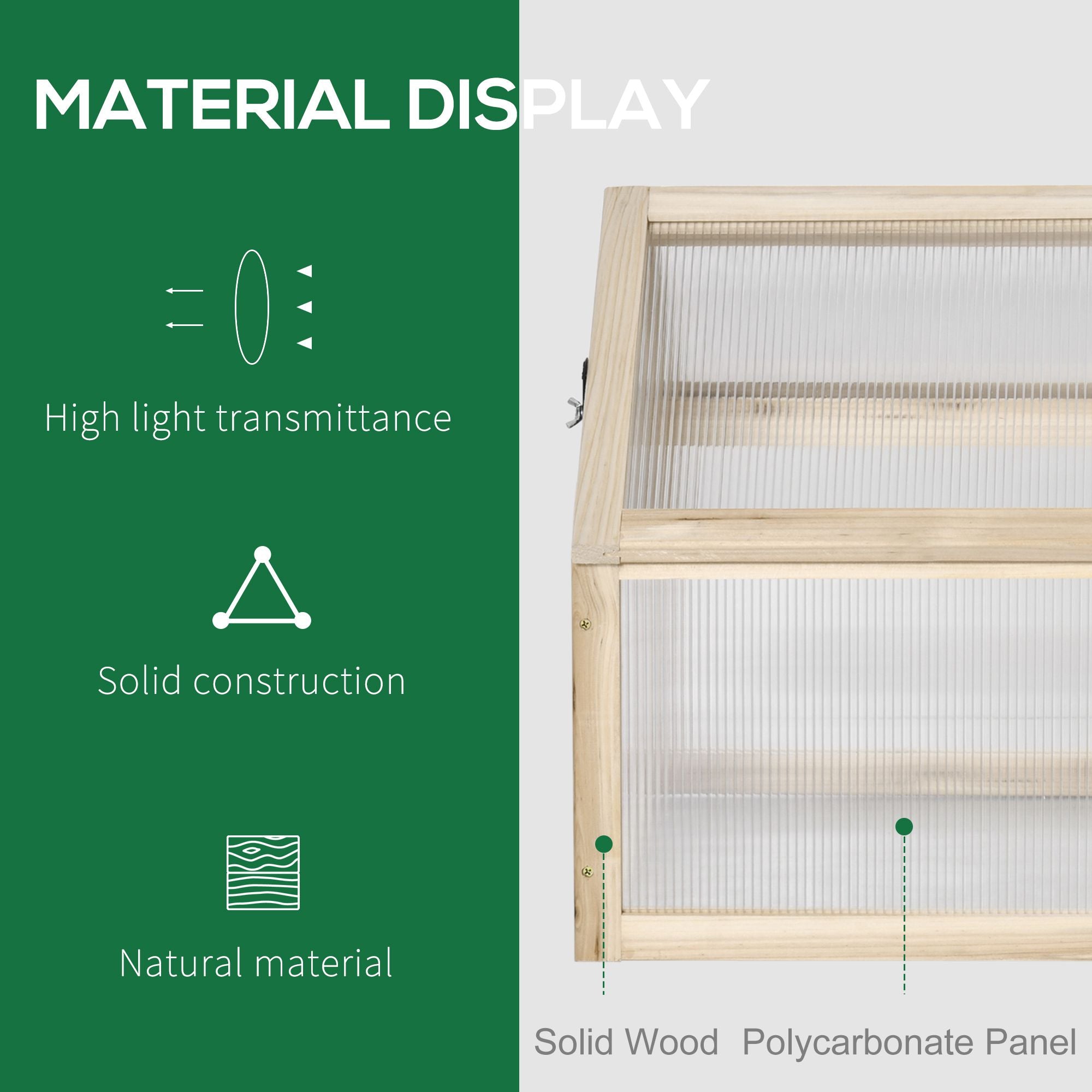 Outsunny Wooden Cold Frame Garden Polycarbonate Greenhouse with Openable Top Cover, Grow House for Flowers, Vegetables, Plants, 90 x 52 x 50cm, Natural - North Peak Garden Furniture