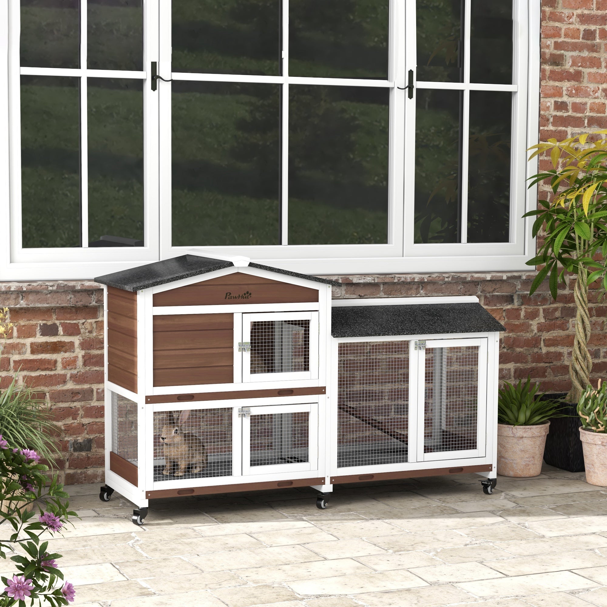 PawHut Wooden Two-Tier Pet Hutch with Wheels, Run - Brown - North Peak Garden Furniture