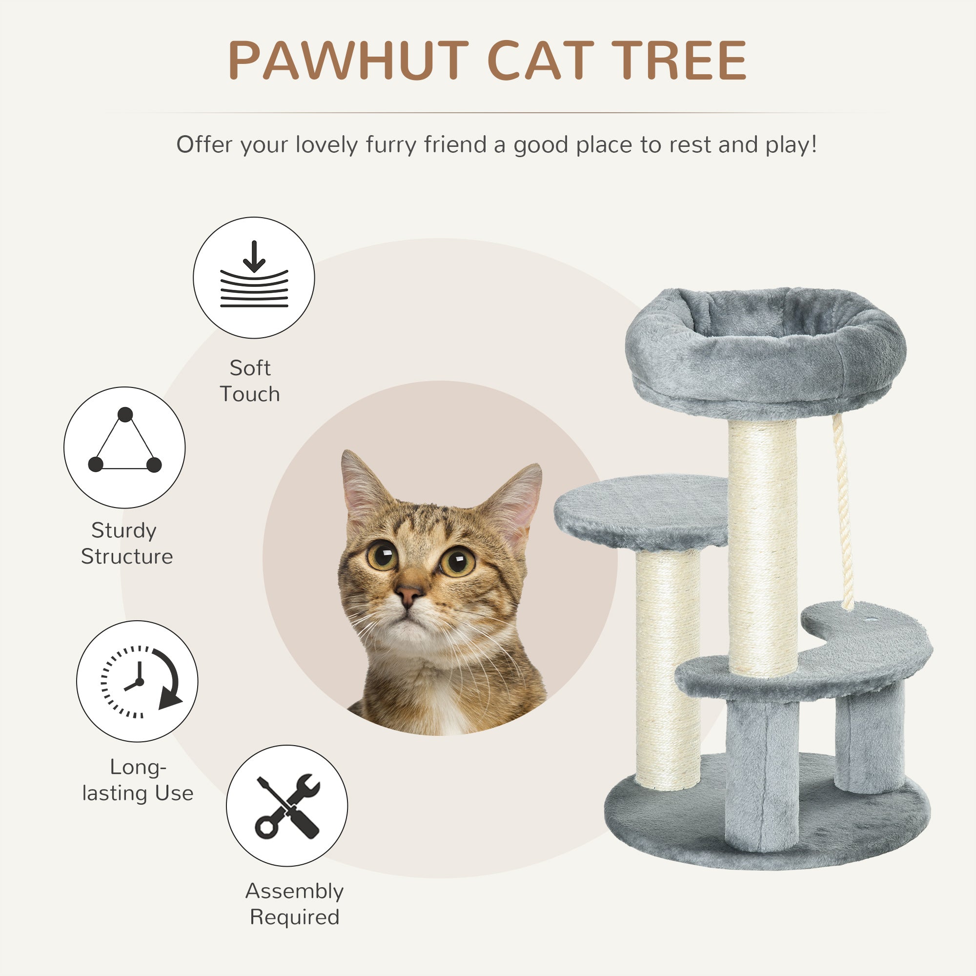 PawHut 65cm Cat Tree, Cat Tower for Kittens, Small Cat Condo with Sisal Scratching Posts, Hanging Rope, Perches - Grey