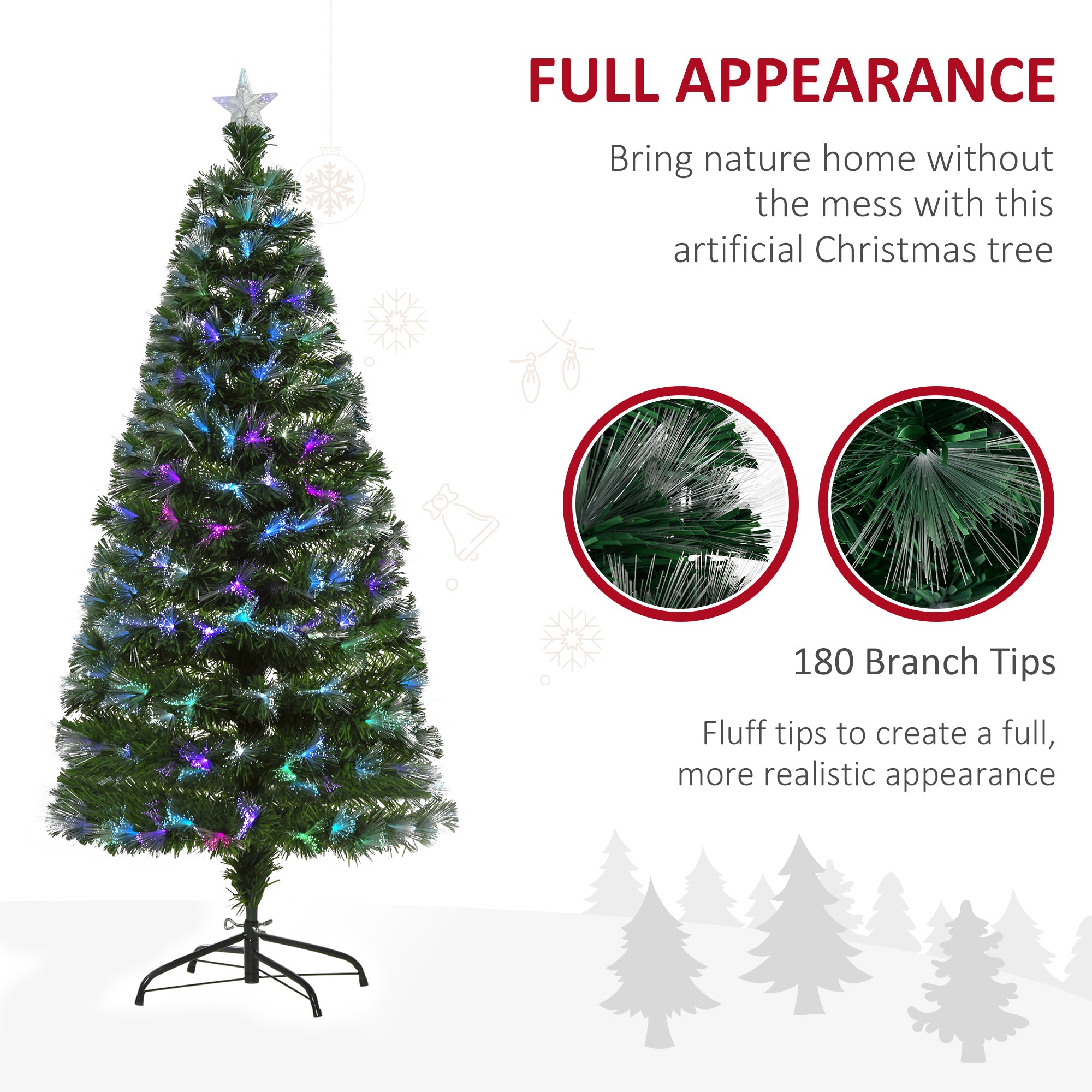 HOMCOM 5FT Multicoloured Artificial Christmas Tree w/ Fibre Optic Lights Pre-Lit Modes Metal Stand Star Holder Home Seasonal Decoration - North Peak Garden Furniture