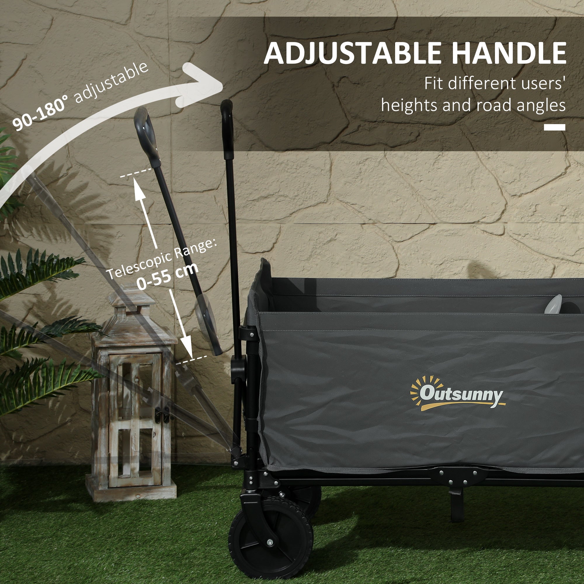 Outsunny 120L Folding Garden Trolley Cart, Outdoor Collapsible Wagon with Wheels and Adjustable Handle for Beach, Camping, Festival, Grey - North Peak Garden Furniture