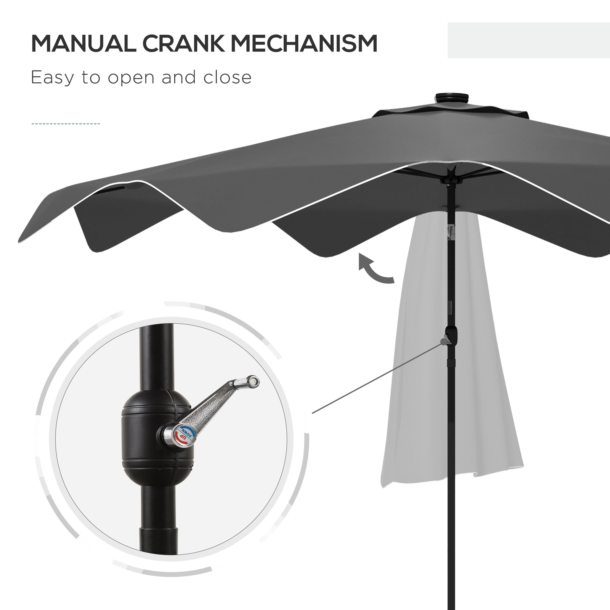 Outsunny Solar Patio Umbrella with LED and Tilt, Outdoor Market Table Umbrella Parasol with Crank, 3 x 3 (m), Dark Grey - North Peak Garden Furniture