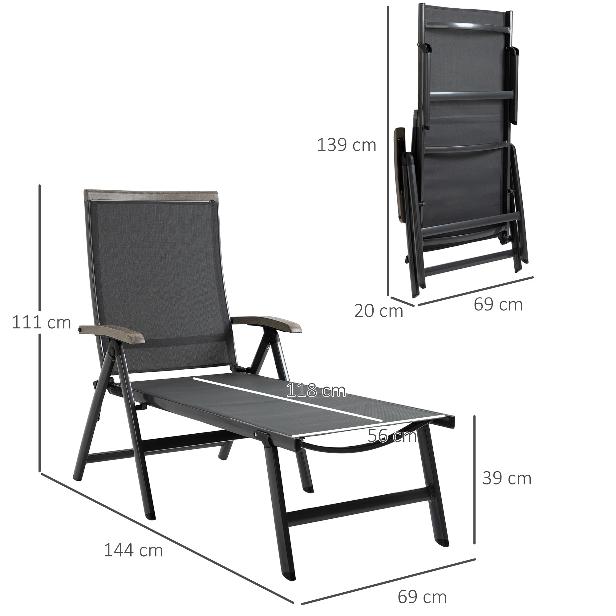 Outsunny Outdoor Folding Sun Lounger, 5-Position Adjustable Chaise Lounge Chair with Aluminium Frame for Patio, Pool and Garden, Grey - North Peak Garden Furniture