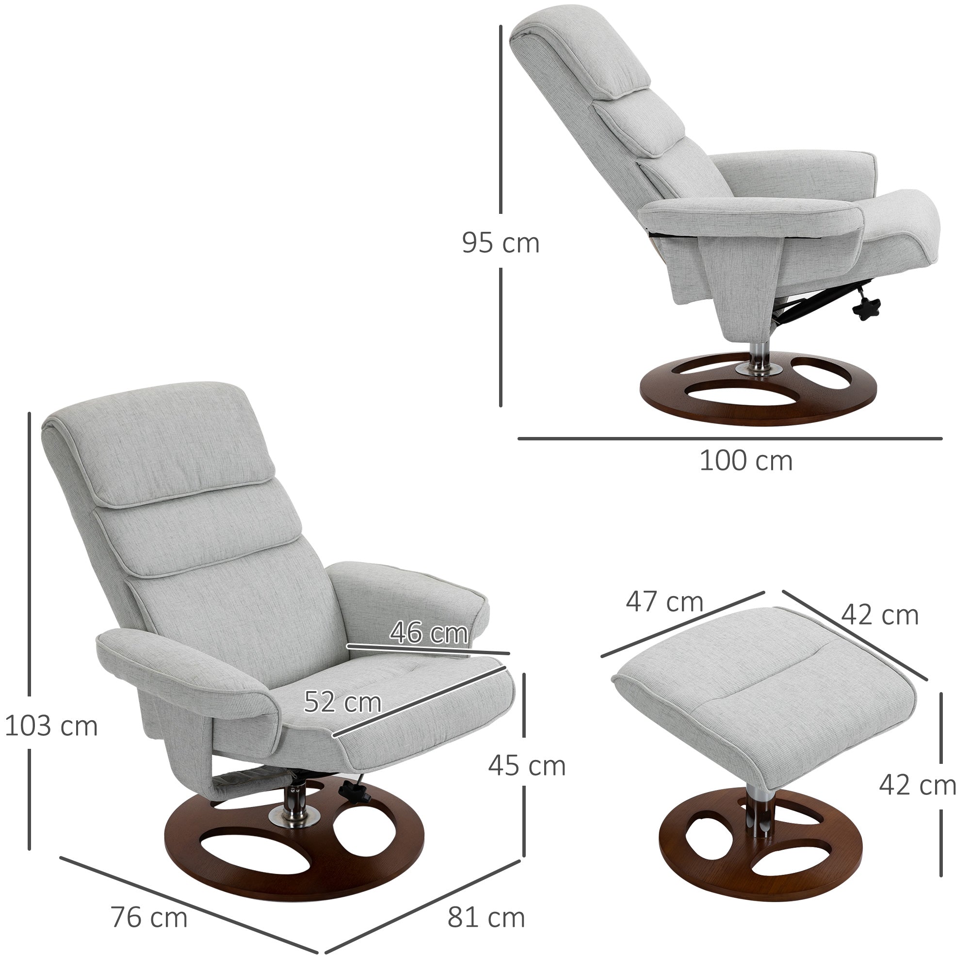 HOMCOM Recliner Chair Ottoman Set 360° Swivel Sofa Stool Modern Soft Thick Padding Wood Base Grey - North Peak Garden Furniture