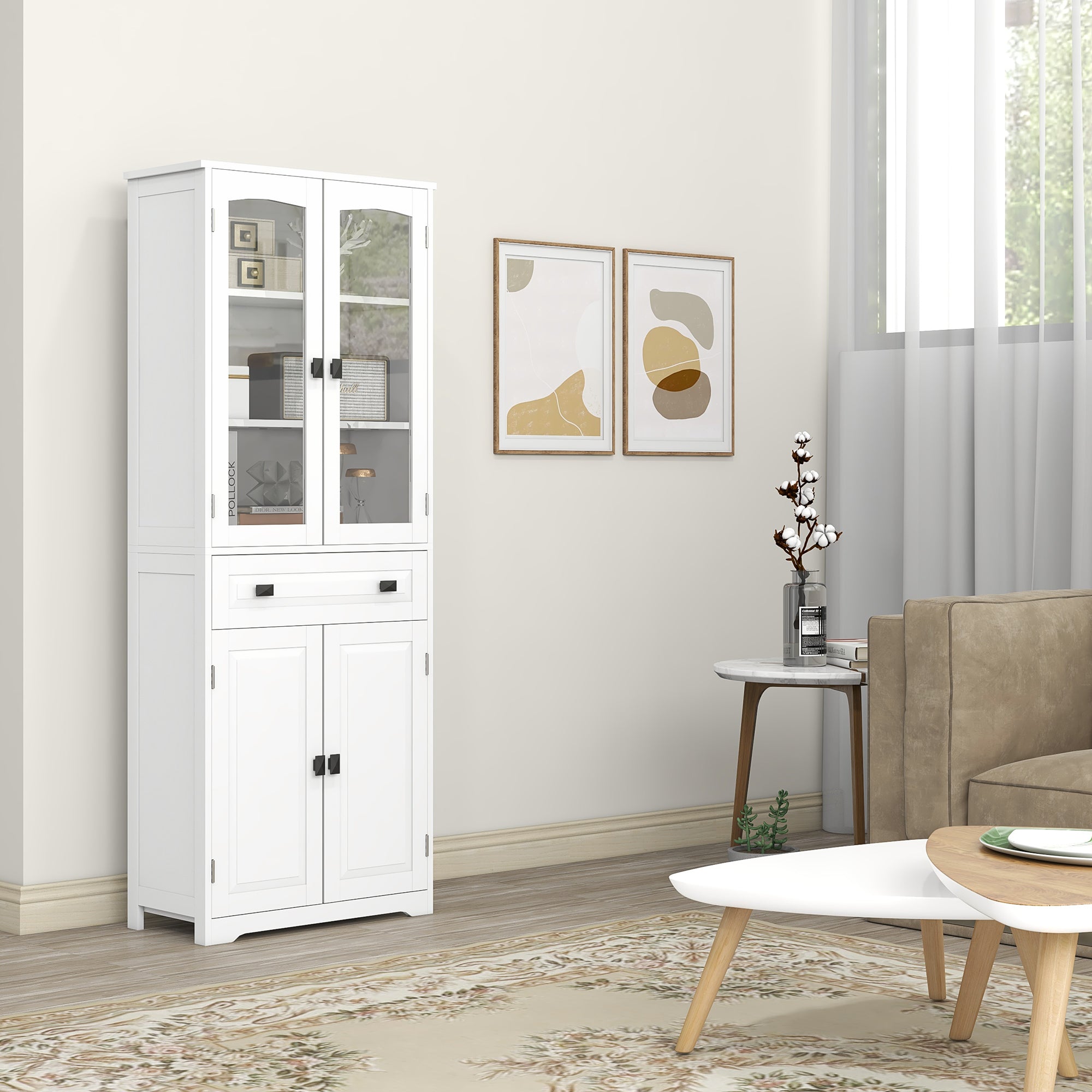 HOMCOM Kitchen Cupboard, Freestanding Storage Cabinet with 2 Adjustable Shelves, Drawer and Glass Door for Living Room, Dining Room, 160cm, White - North Peak Garden Furniture