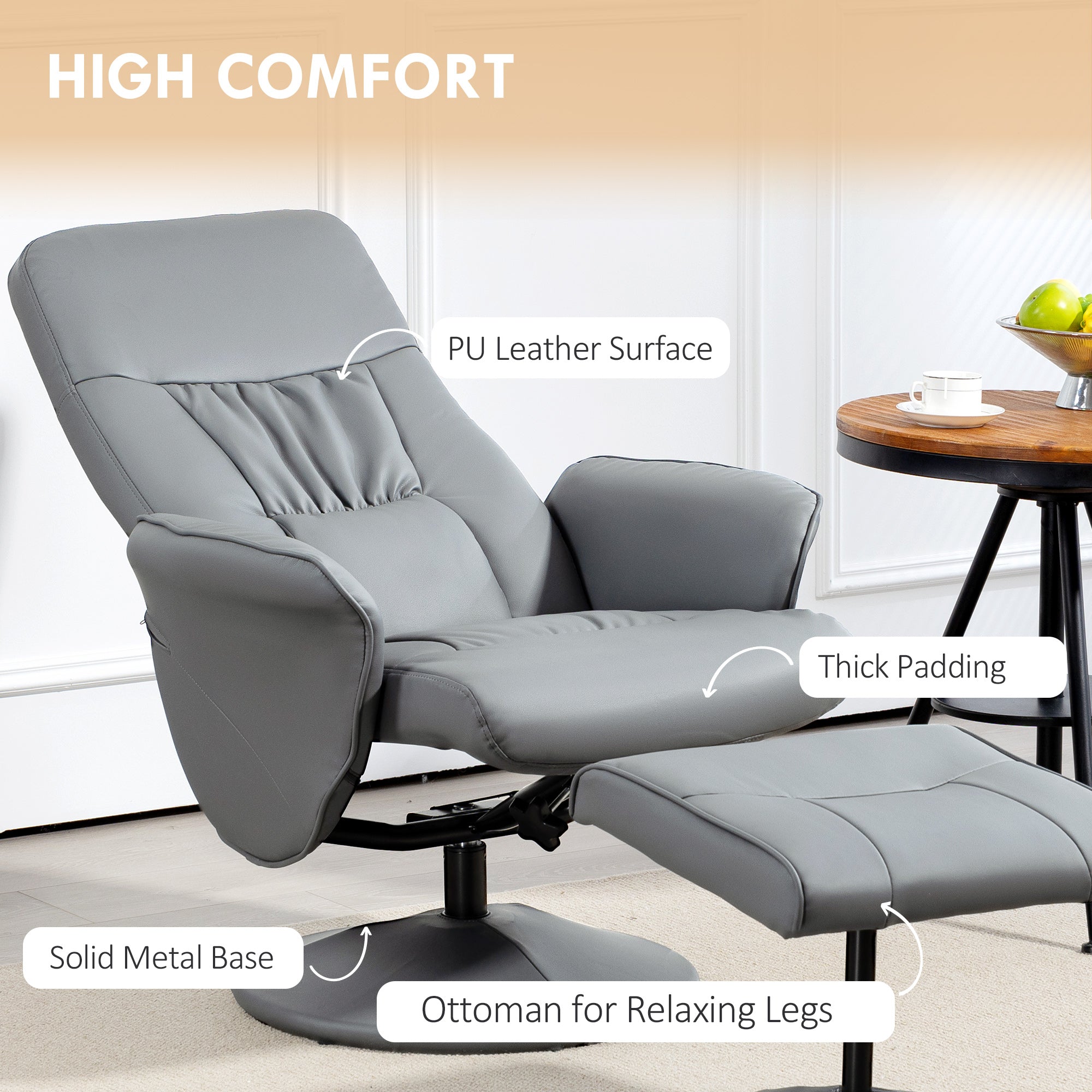 HOMCOM Swivel Recliner Chair with Footstool, PU Leather Armchair and Ottoman with High Back and Round Base for Living Room, Light Grey - North Peak Garden Furniture