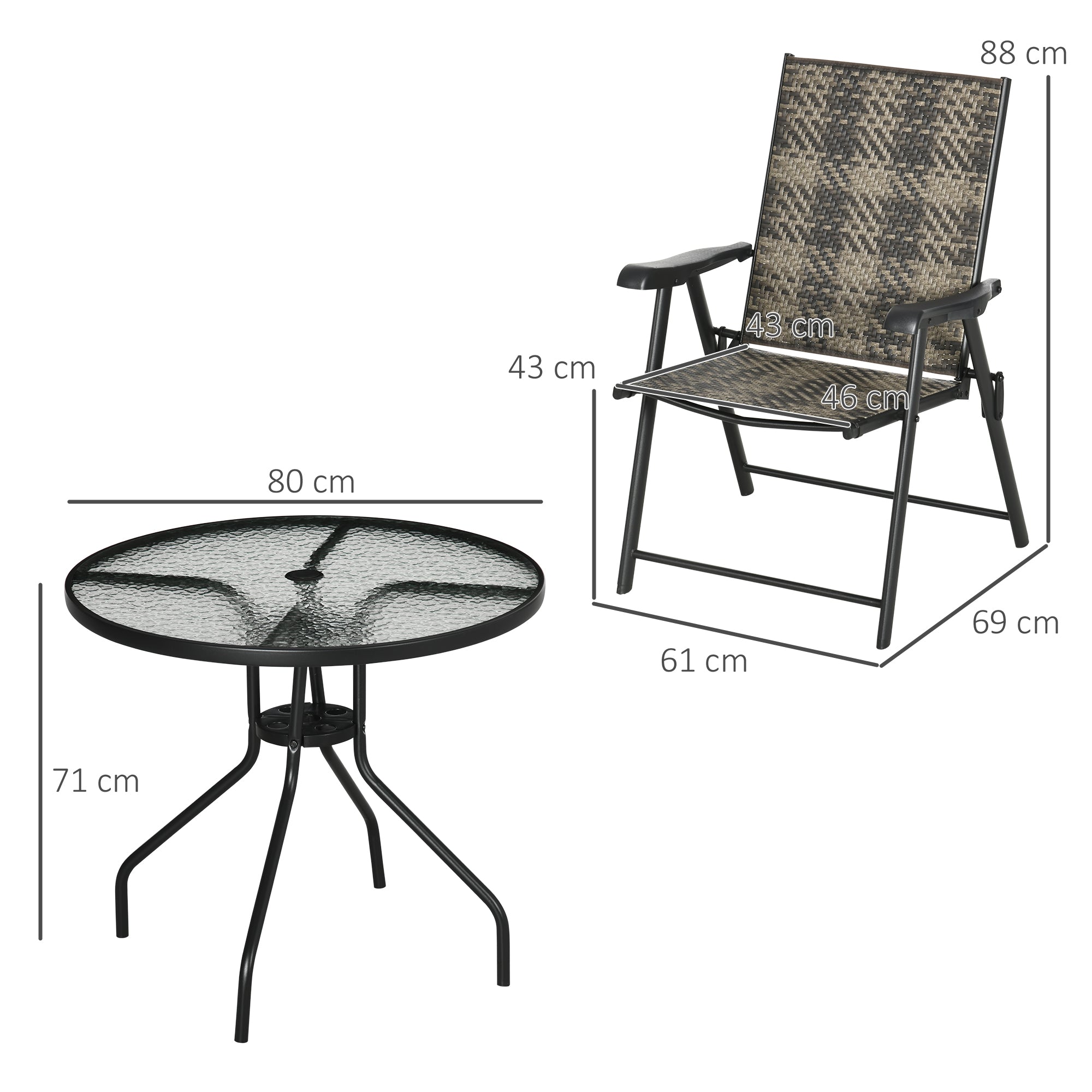 Outsunny 4 Seater Rattan Dining Set, Rattan Garden Furniture Set with Parasol Hole, Outdoor Dining Table and Chairs with 4 Armchairs, Round Glass Top Table for Patio, Balcony, Mixed Grey - North Peak Garden Furniture