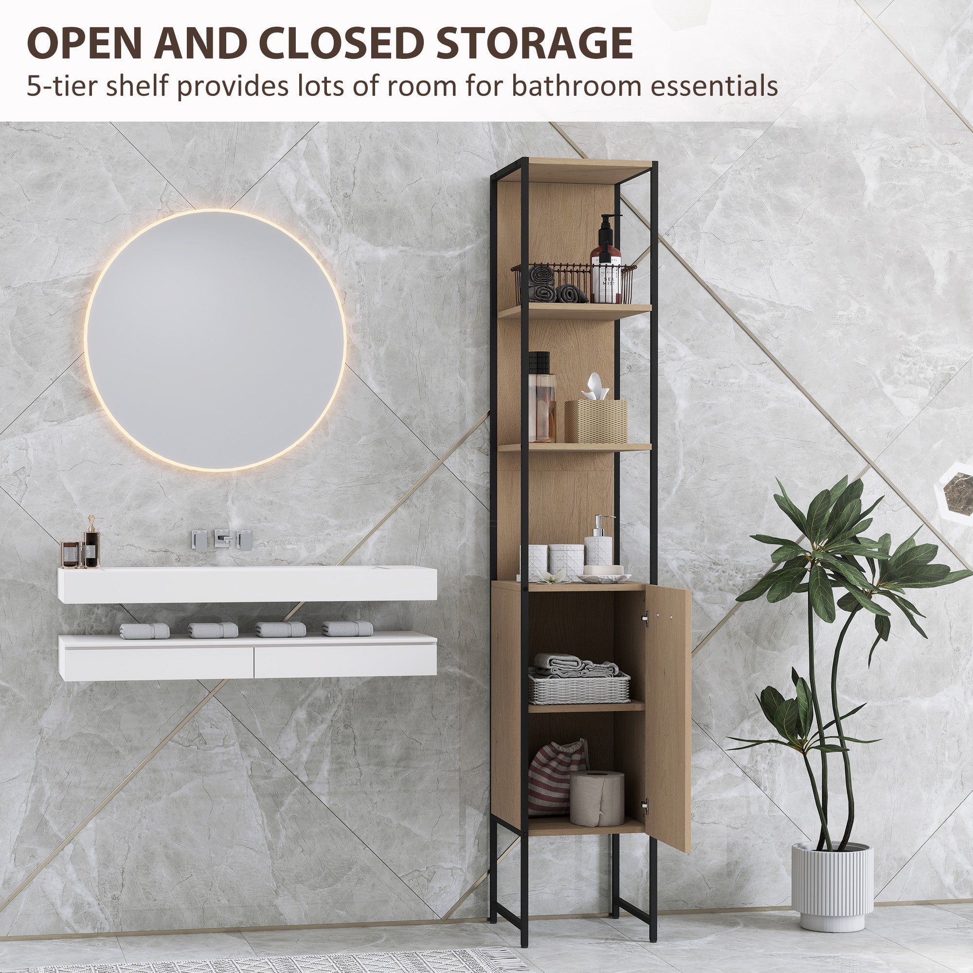 HOMCOM Tall Bathroom Cabinet with Open Shelves and Adjustable Shelf - Natural Wood Finish - North Peak Garden Furniture