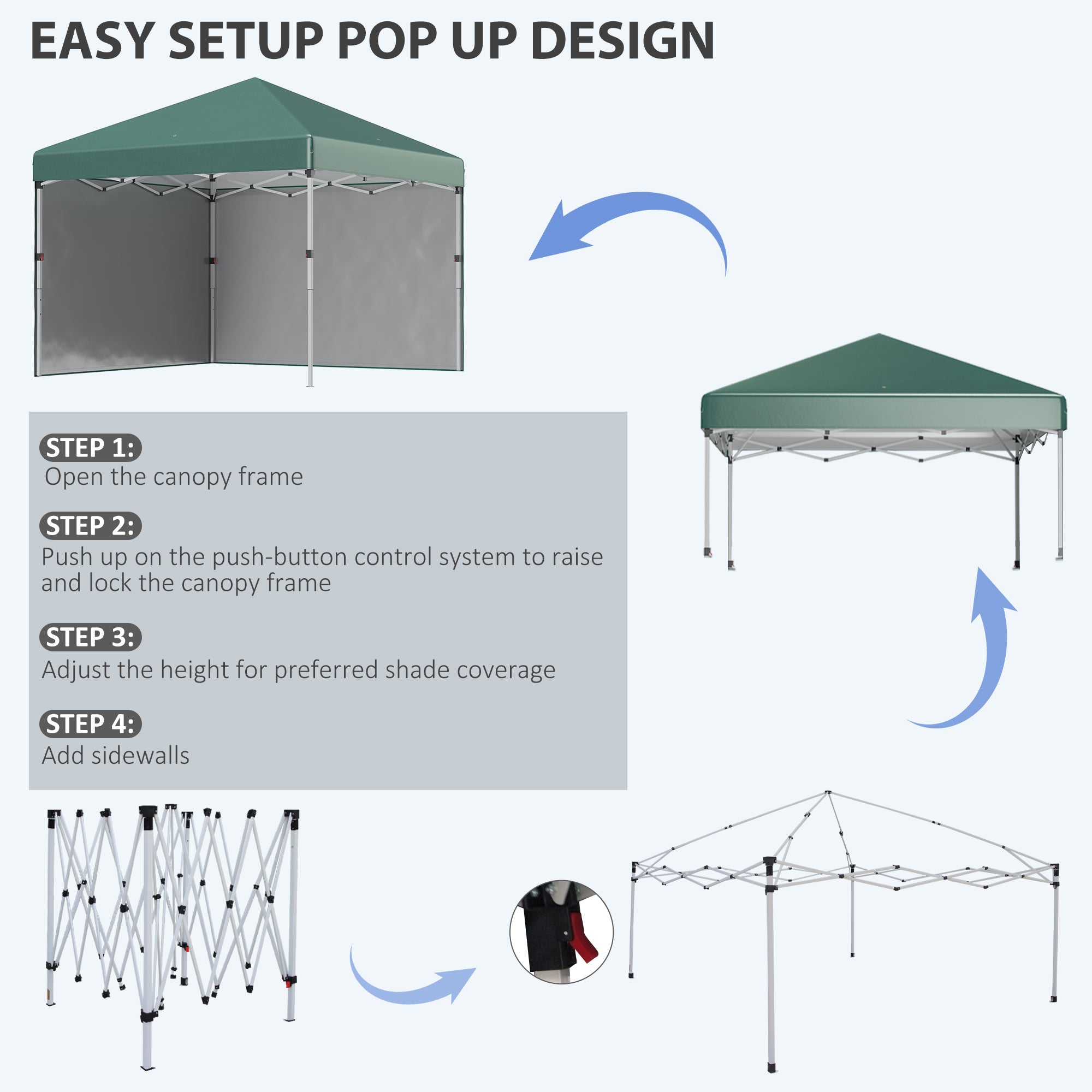 Outsunny 3 x 3 (M) Pop Up Gazebo, UPF 30+ with 2 Sidewalls, Leg Weight Bags and Wheeled Bag, Height Adjustable Party Tent Event Shelter for Garden, Patio, Green - North Peak Garden Furniture