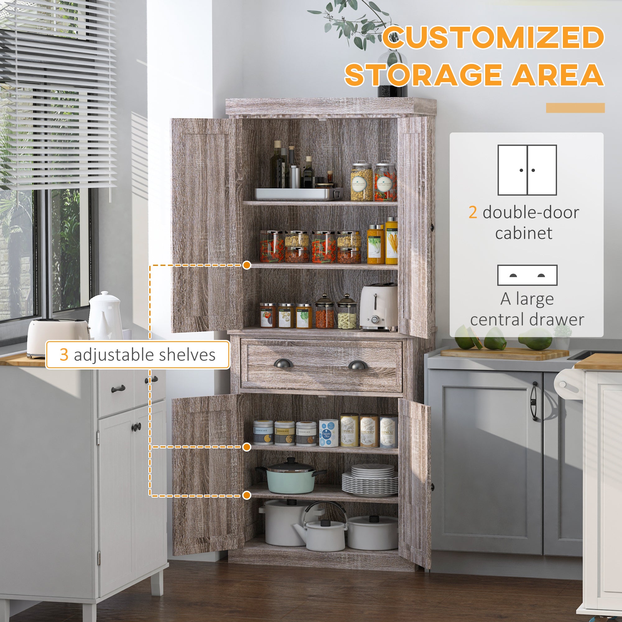 HOMCOM Freestanding Kitchen Cupboard, 184cm Tall Storage Cabinet with Doors and Shelves, Traditional Colonial 4-Door Kitchen Pantry Cupboard with Drawer, Dark Wood Grain - North Peak Garden Furniture
