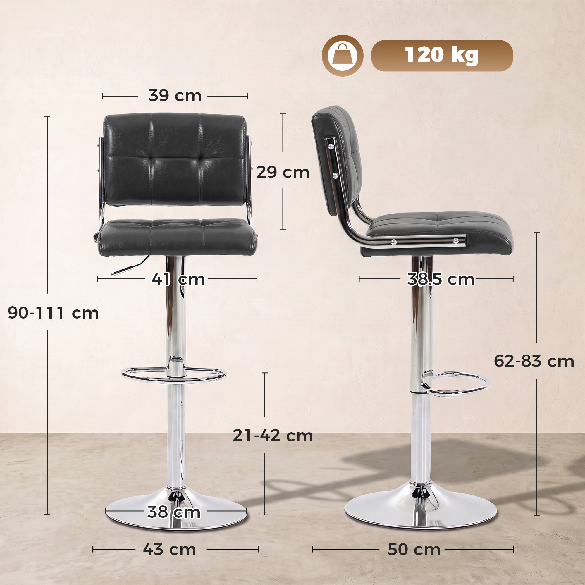 HOMCOM Bar Stools Modern PU Leather Adjustable Breakfast Bar Stools Backrest Set of 2 Grey