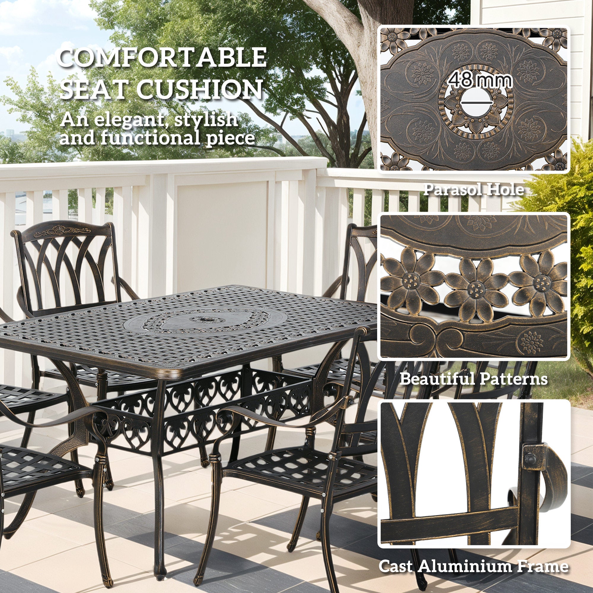 Outsunny Seven-Piece Cast Aluminium Garden Dining Set - Bronze Tone - North Peak Garden Furniture