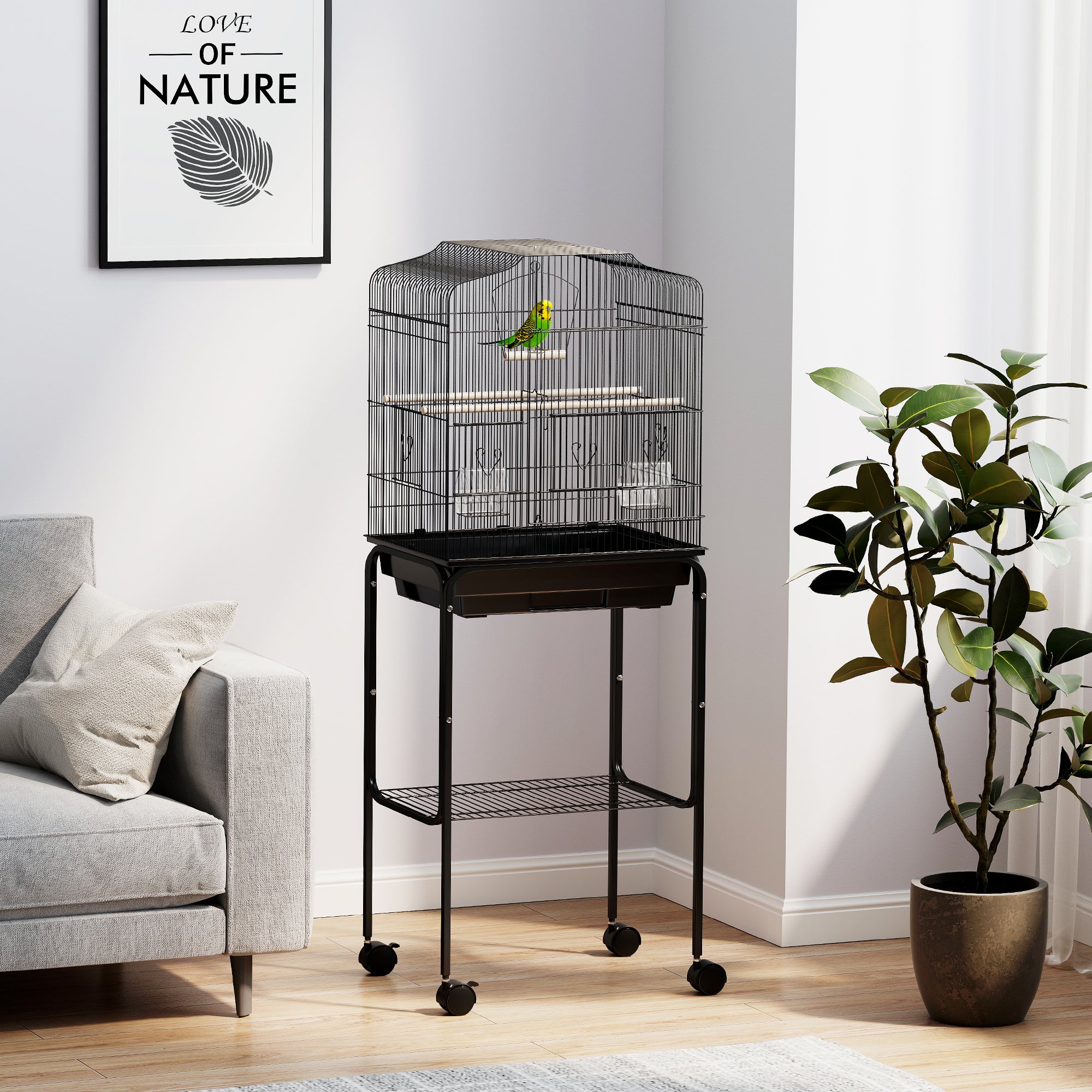 PawHut Bird Cage Budgie Cages for Finch Canary Parakeet with Stand Wheels Slide-out Tray Accessories Storage Shelf, Black - North Peak Garden Furniture