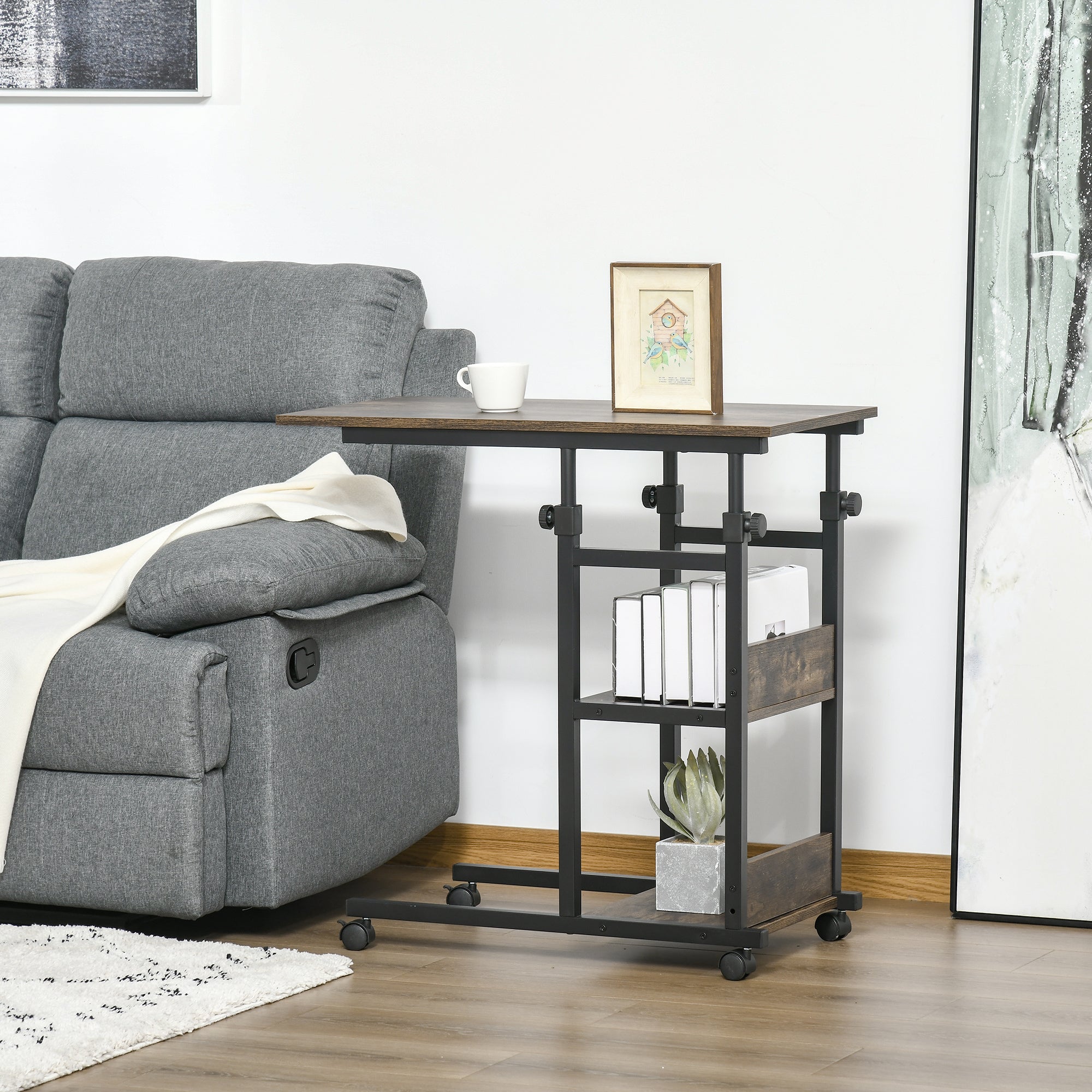 HOMCOM C-Shaped Side Table Industrial Mobile Rolling End Desk with 3-Tier Storage Shelving, Adjustable Height, Wheels - North Peak Garden Furniture