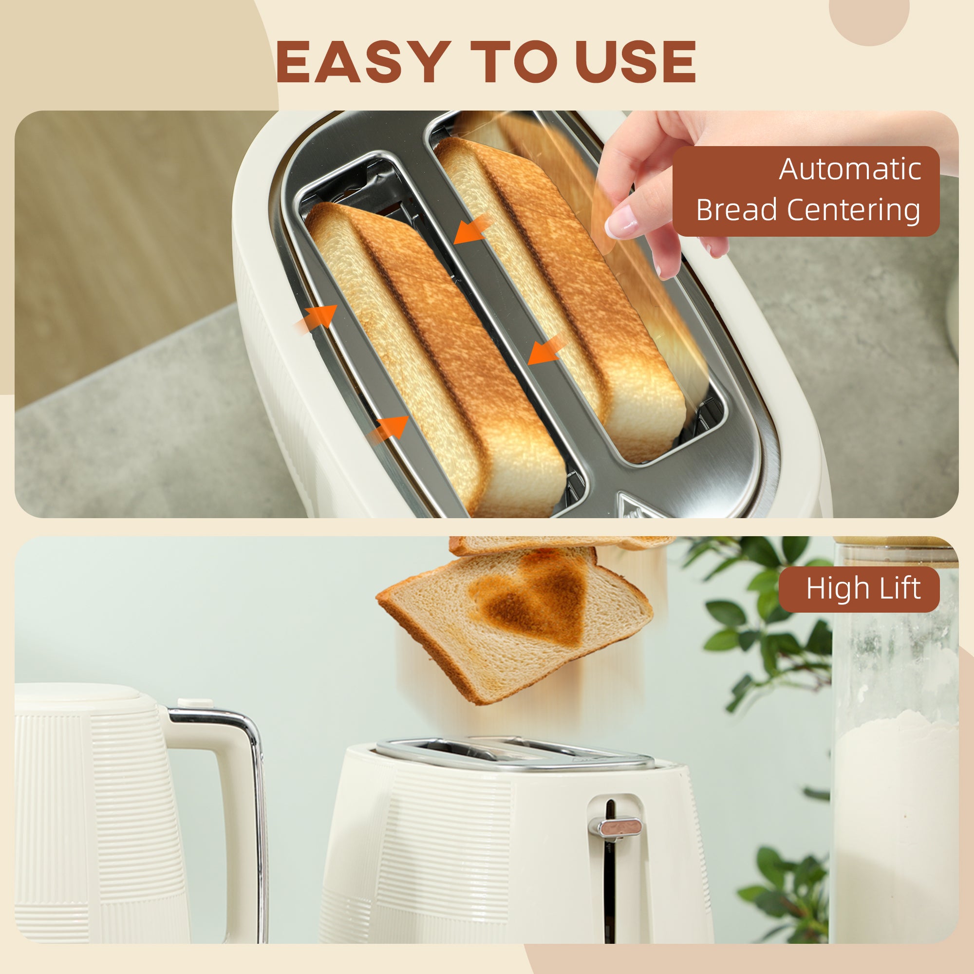 HOMCOM Kettle and Toaster Set, 1.7L 3000W Fast Boil Kettle & 2 Slice Toaster Kitchen Set with 7 Level Browning Controls, Defrost, Reheat, Boil-dry Protection, Cream White - North Peak Garden Furniture