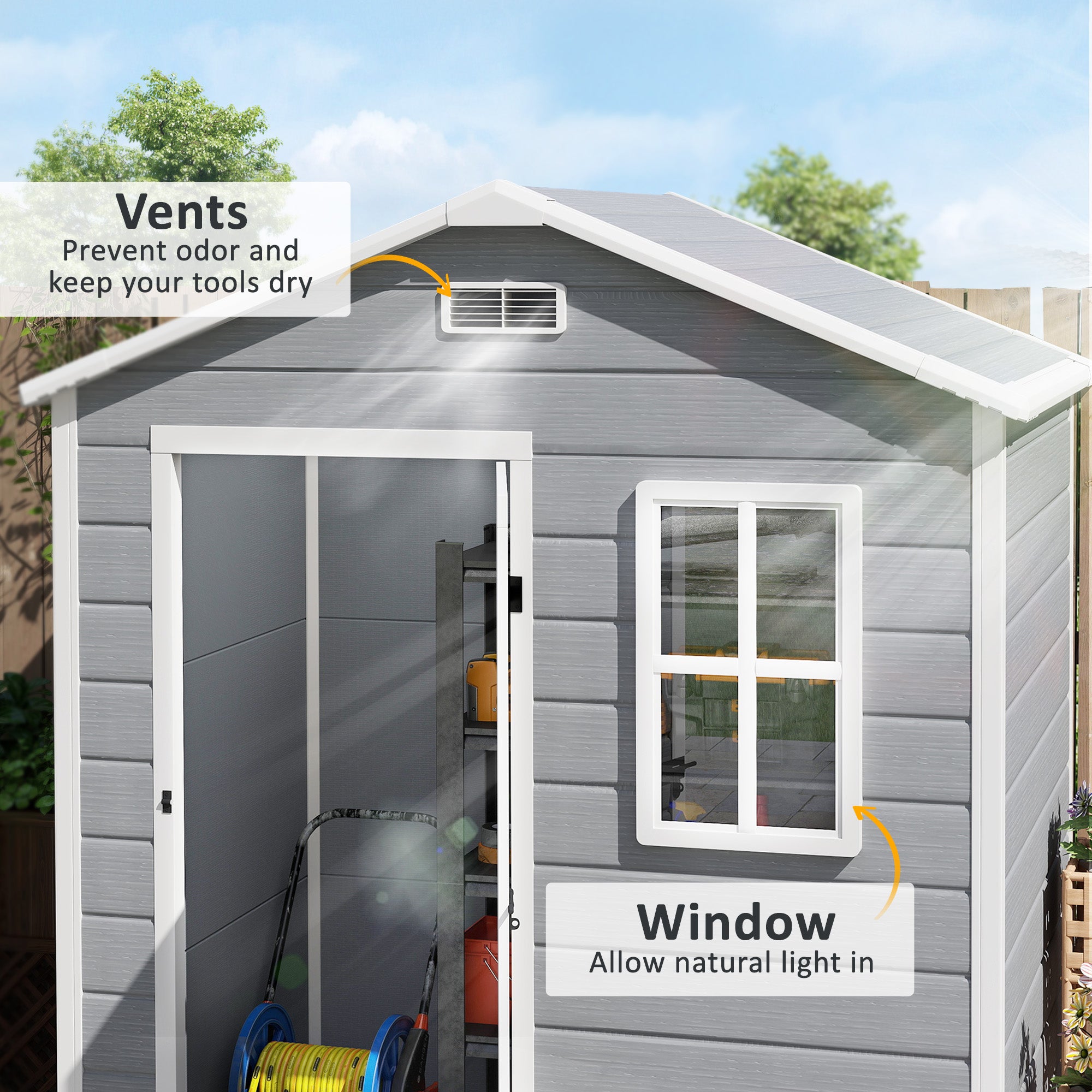 Outsunny 6 x 4ft Garden Shed, Plastic Shed with Floor, Window, Lockable Door and Vents, Wood Effect Resin Tool Shed for Outdoor, Grey - North Peak Garden Furniture