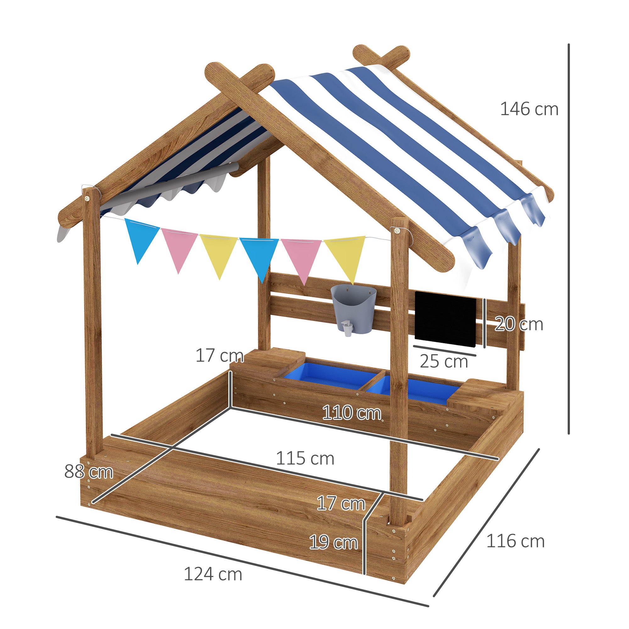 Outsunny House-Designed Wooden Sandbox, Outdoor Sandpit, with Blackboard, Toys, Sink, Seats, Flags, for Ages 3-7 Years - Brown - North Peak Garden Furniture