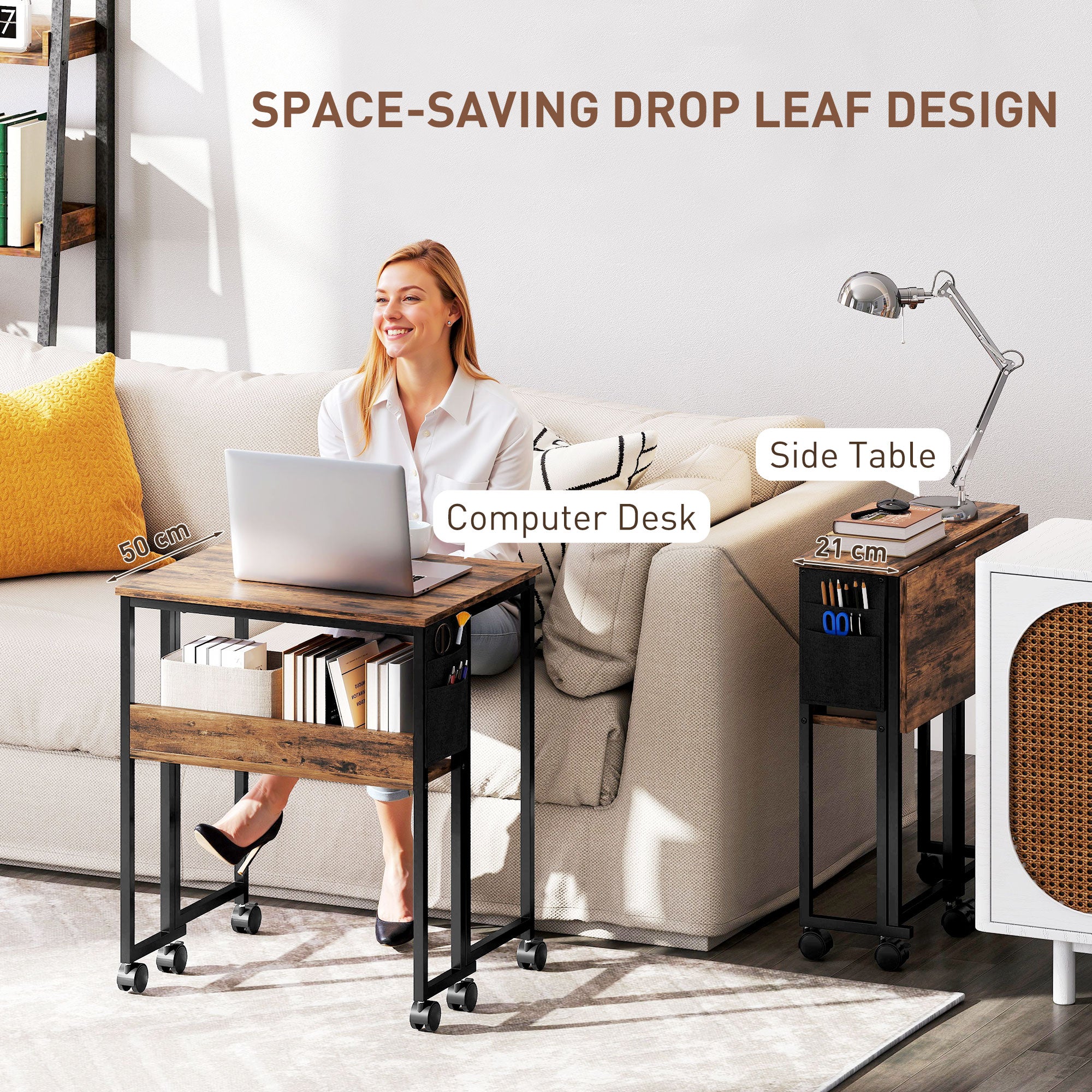 HOMCOM 63 cm Drop Leaf Writing Work Desk - Rustic Brown - North Peak Garden Furniture