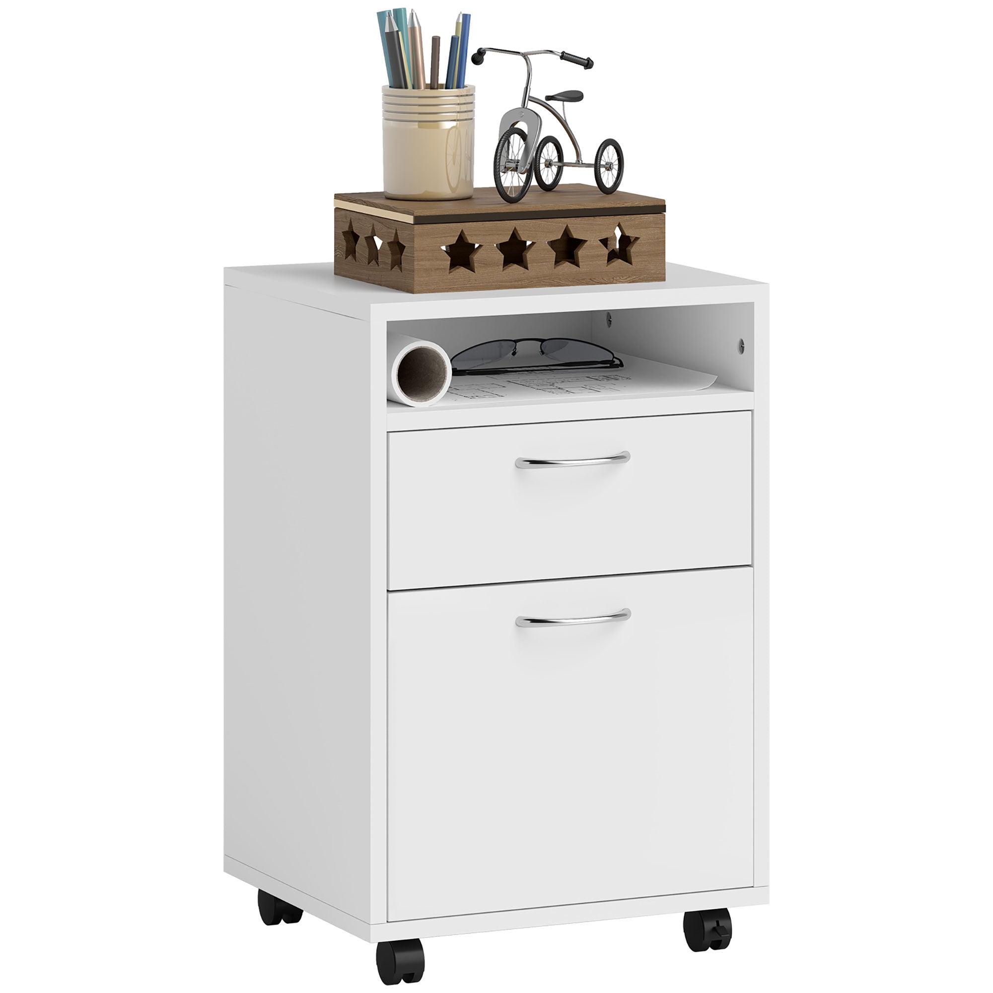 HOMCOM 60cm Storage Cabinet with Drawer, Open Shelf, Metal Handles and 4 Wheels, Office Home Organiser Mobile Printer, White - North Peak Garden Furniture
