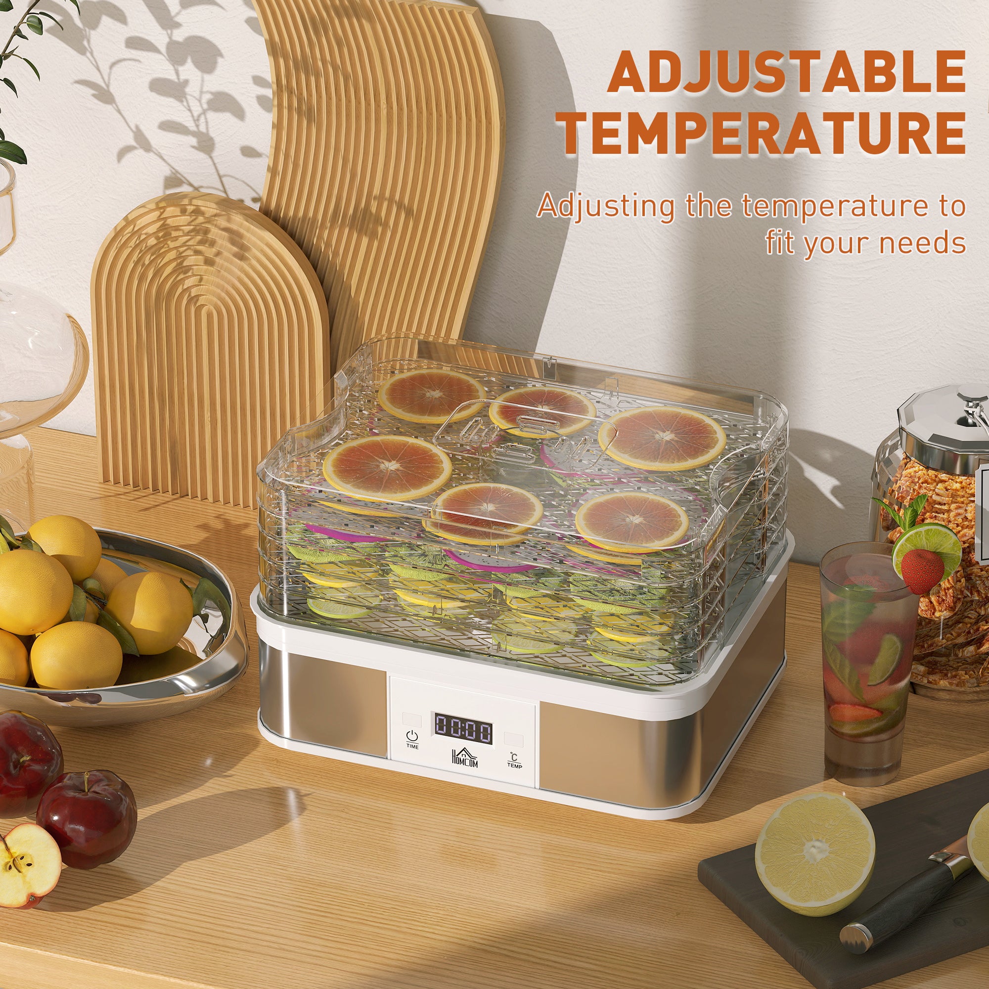 HOMCOM 5 Tier Food Dehydrator, 245W Stainless Steel Food Dryer Machine with Adjustable Temperature, Timer and LCD Display for Drying Fruit, Meat, Vegetable, Jerky and Pet Treat, White - North Peak Garden Furniture